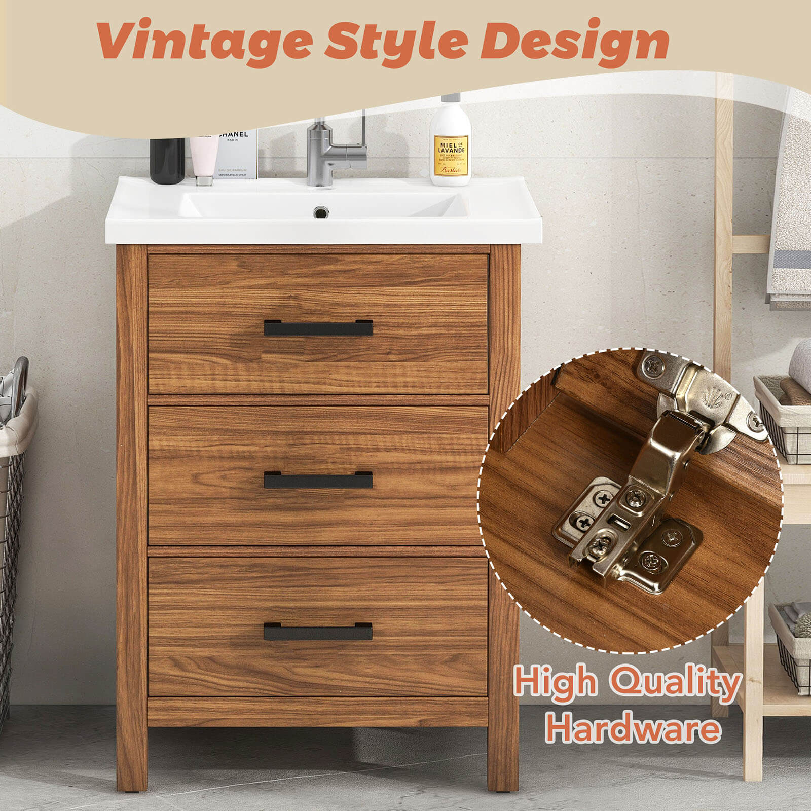 24" Natural Wood Bathroom Vanity with 3 Drawers - Image 5