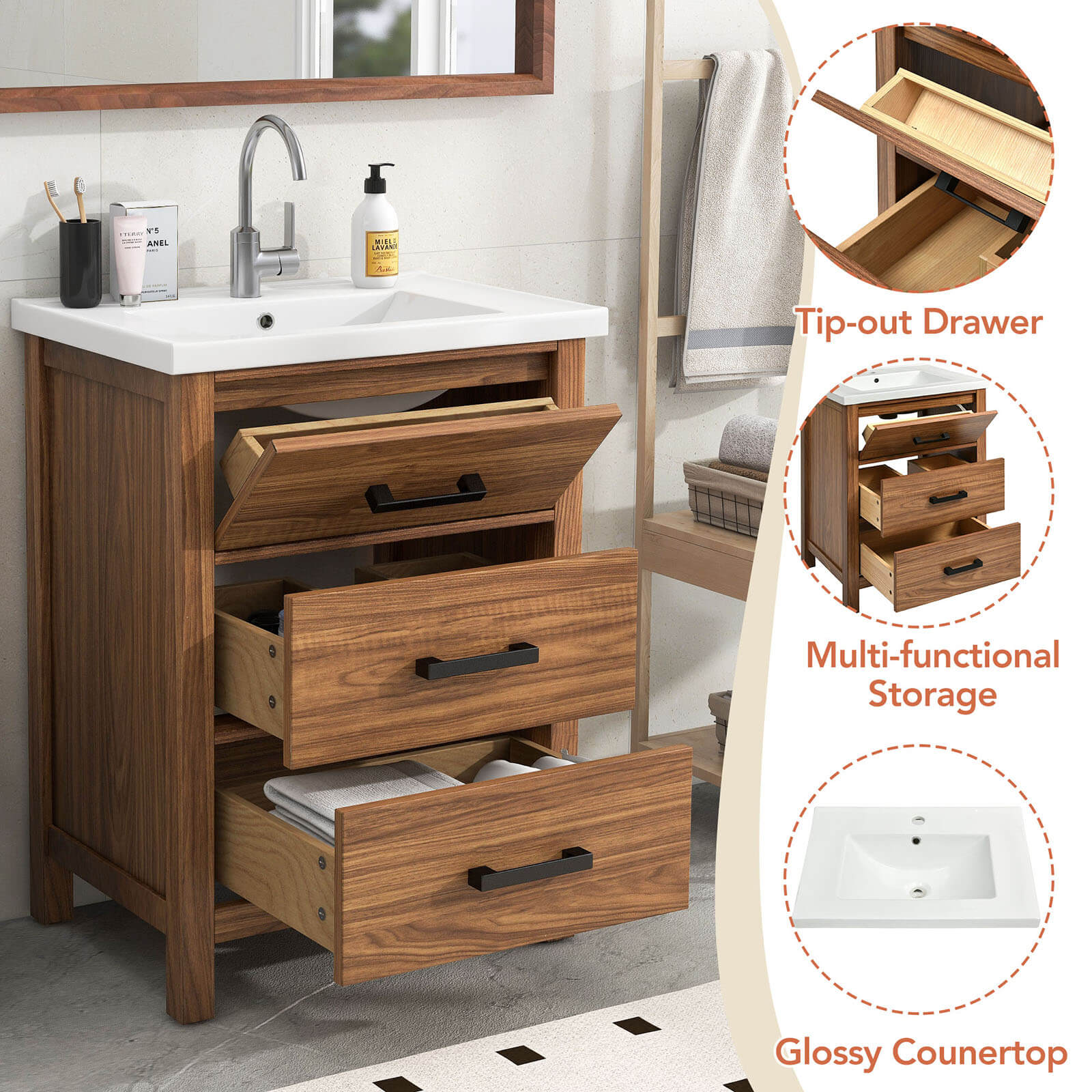 24" Natural Wood Bathroom Vanity with 3 Drawers - Image 6