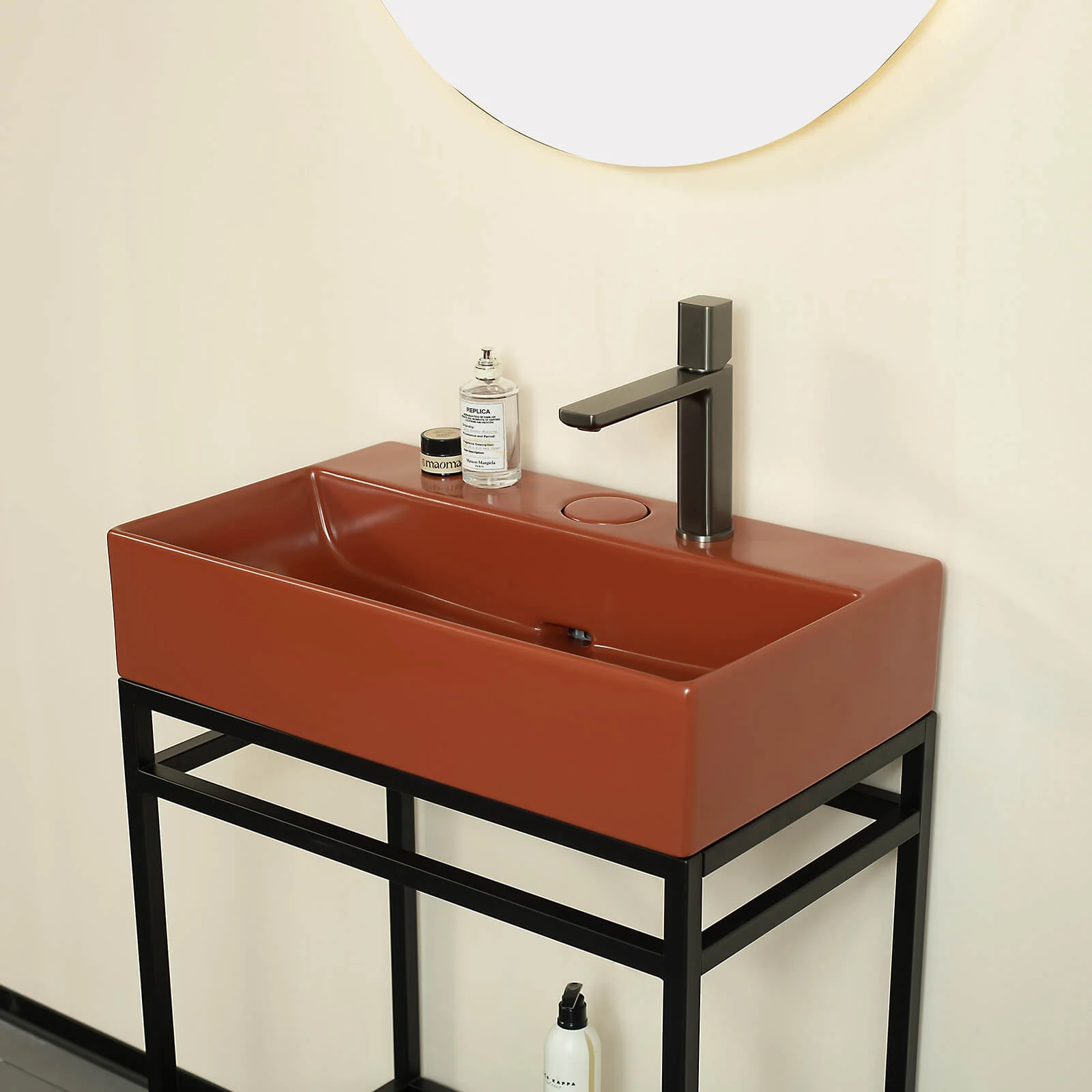 24" Red Console Bathroom Sink with Black Metal Legs - Image 3