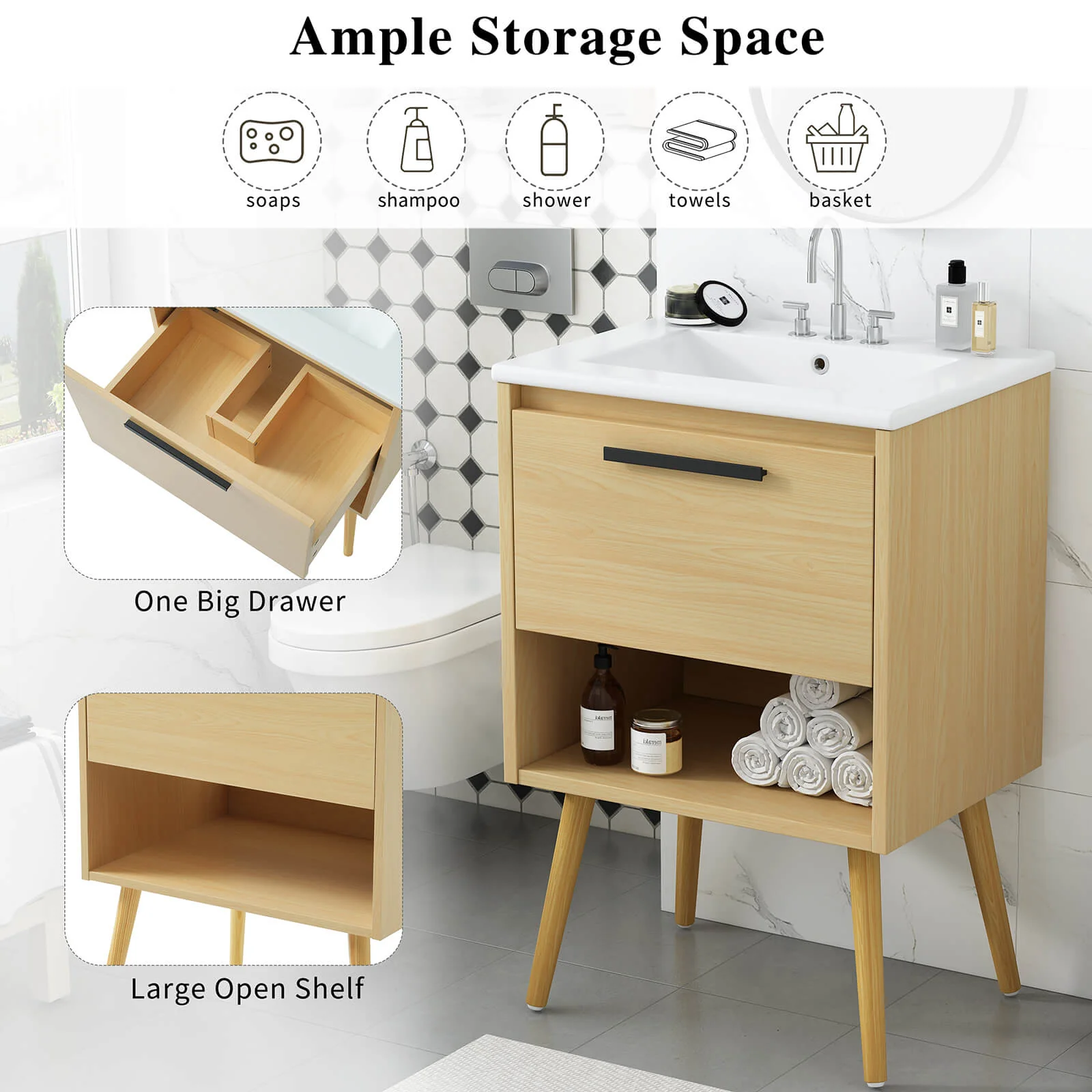 24" Scandinavian Bathroom Vanity with Open Storage - Image 4