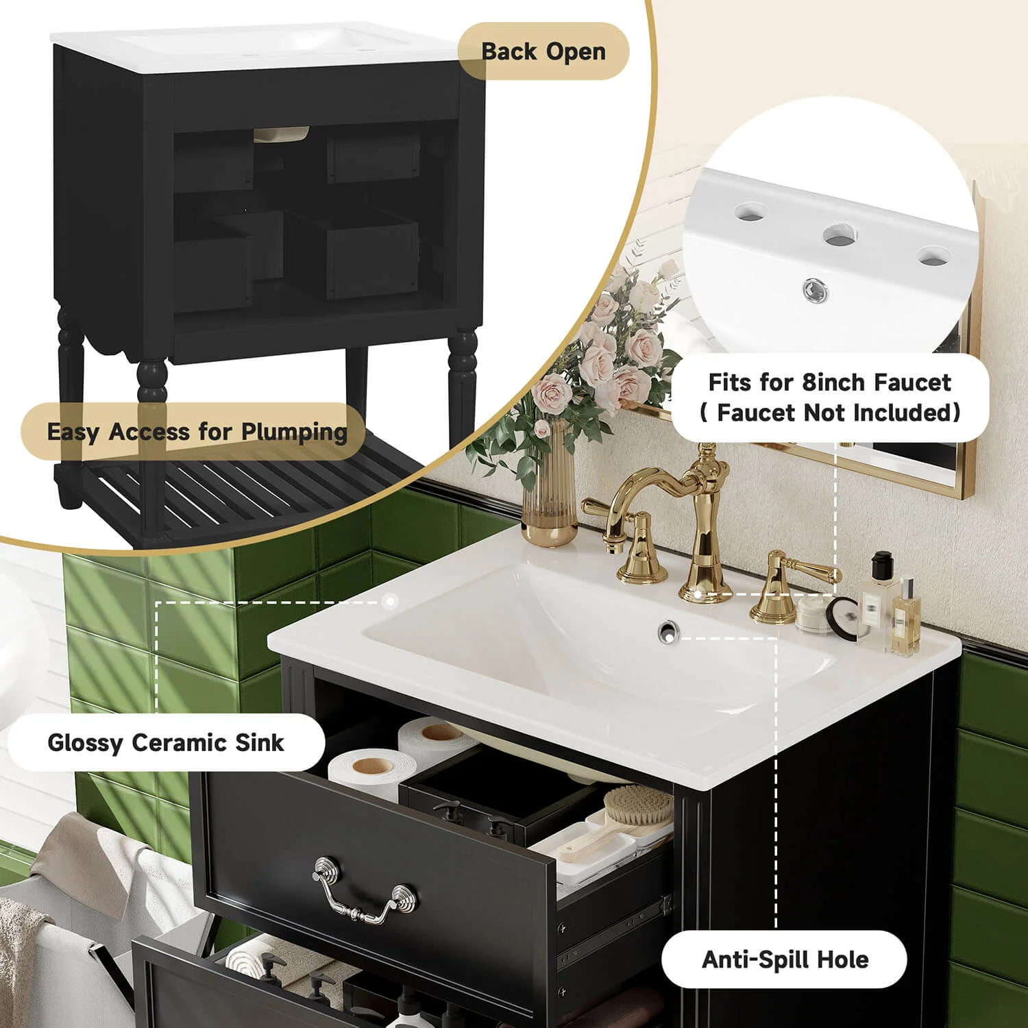 24" Vintage Black Bathroom Vanity with Wave Design - Image 5
