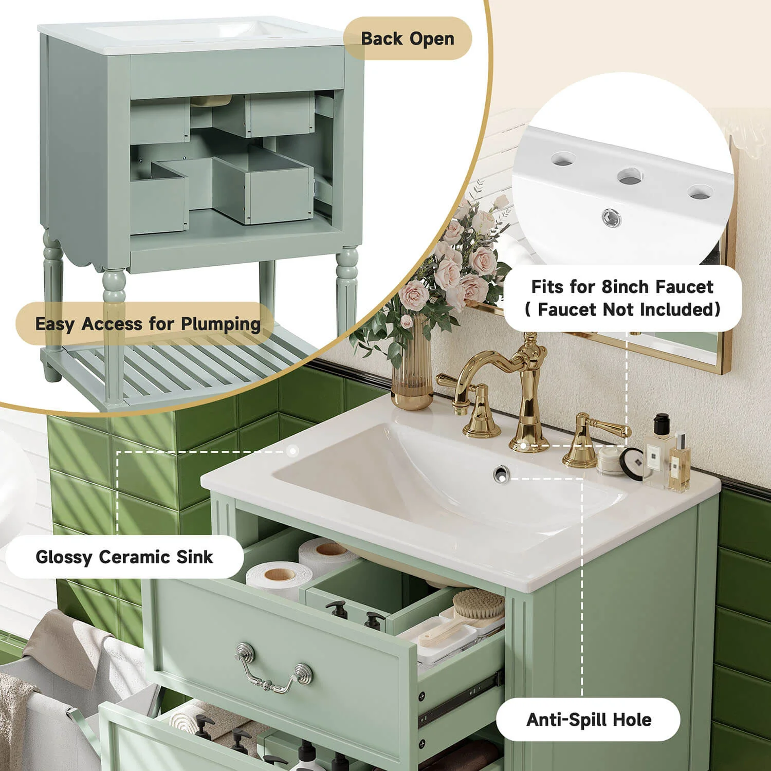 24" Vintage Green Bathroom Vanity with Wave Design - Image 4