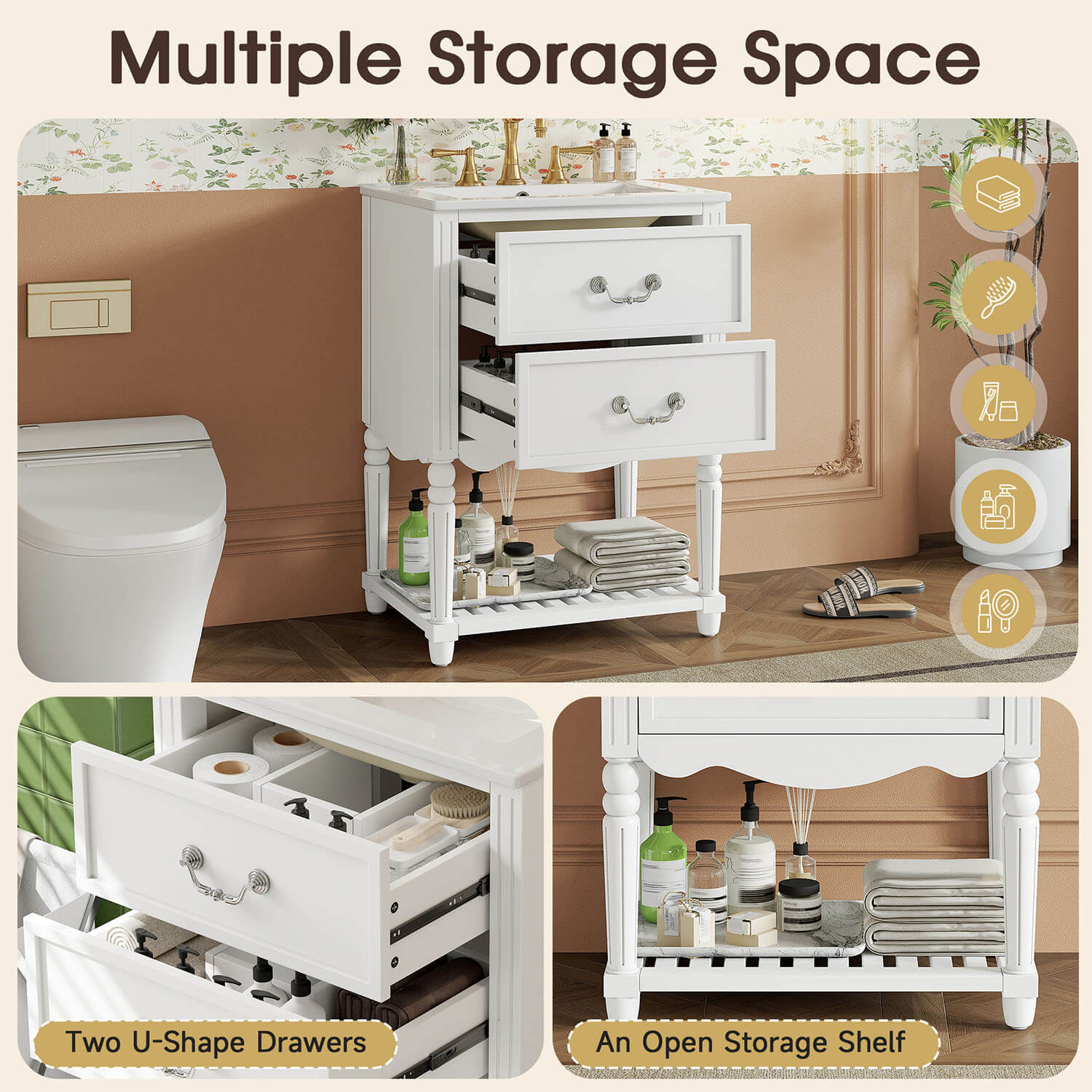 24" Vintage White Bathroom Vanity with Wave Design - Image 4