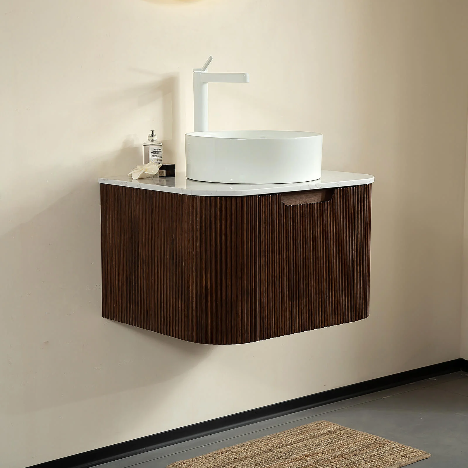24" Walnut Floating Vanity with Vessel Sink and Pre-Drilled Faucet Hole