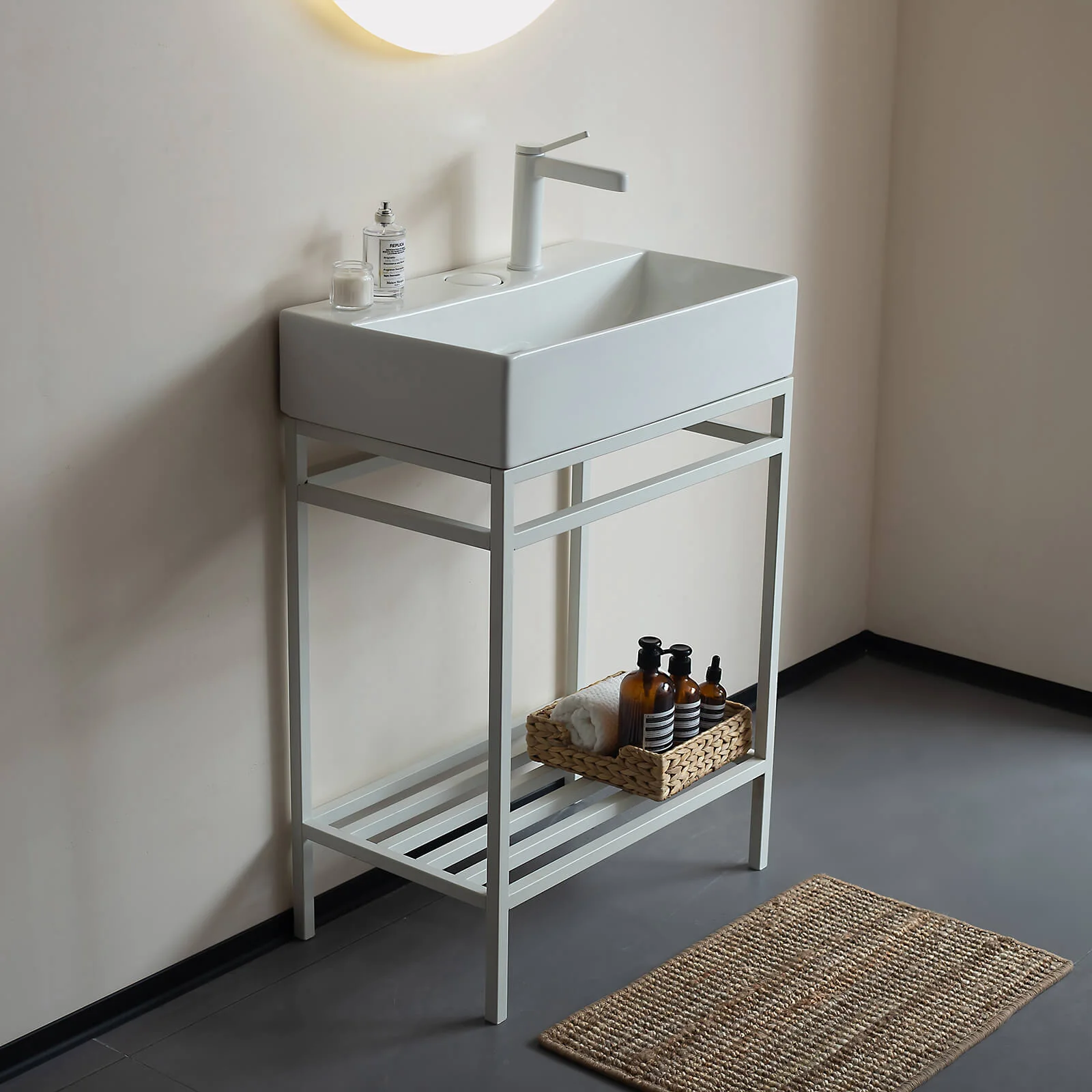 24" White Console Bathroom Sink with White Metal Legs