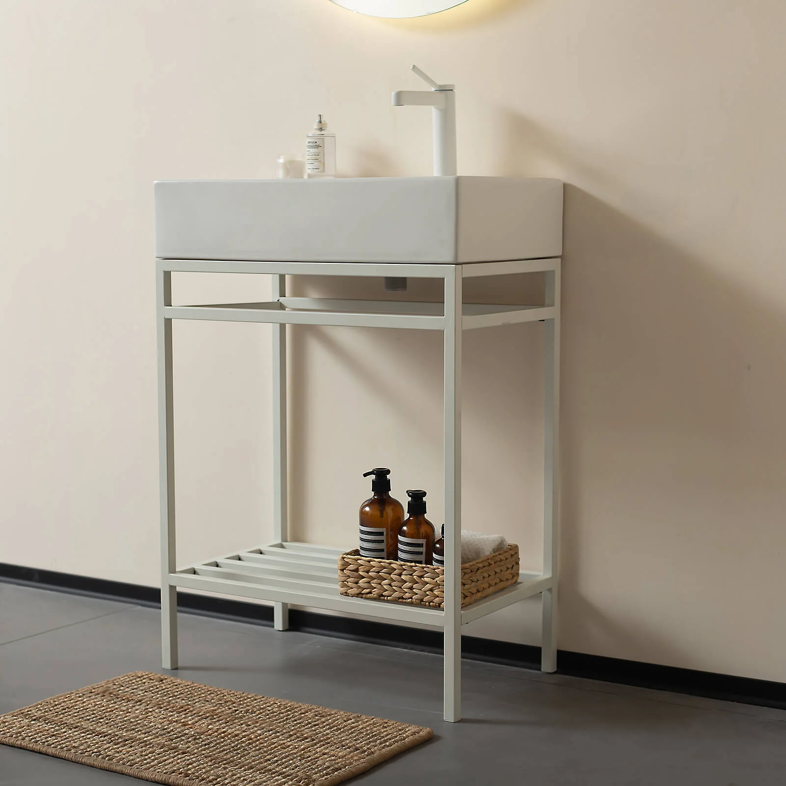 24" White Console Bathroom Sink with White Metal Legs - Image 3