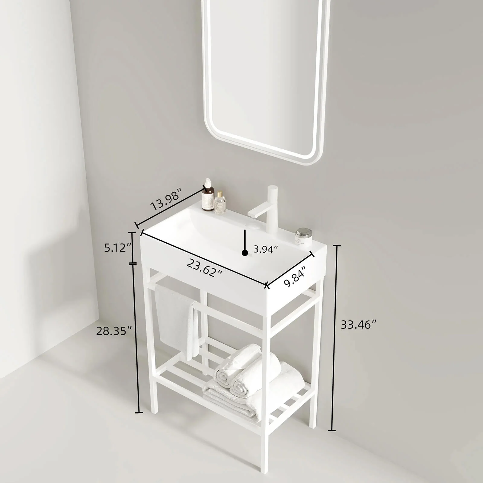 24" White Console Bathroom Sink with White Metal Legs - Image 5
