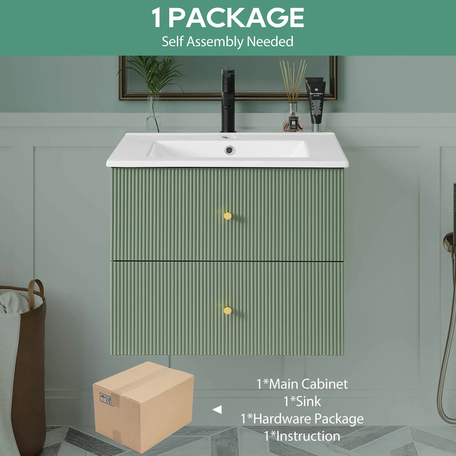 24" Green Wall-Mounted Vanity with Single-Hole Ceramic Sink - Image 7