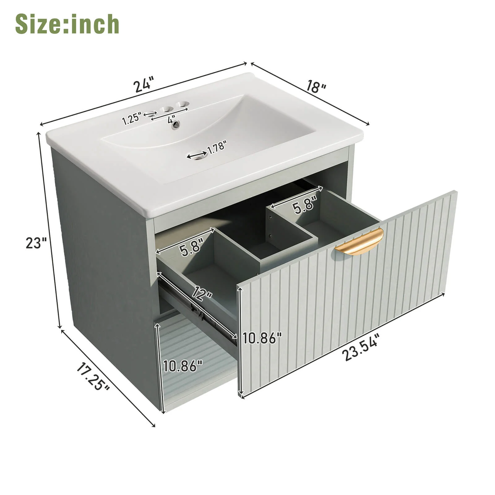 24" Sage Green Floating Bathroom Vanity with Sink - Image 16