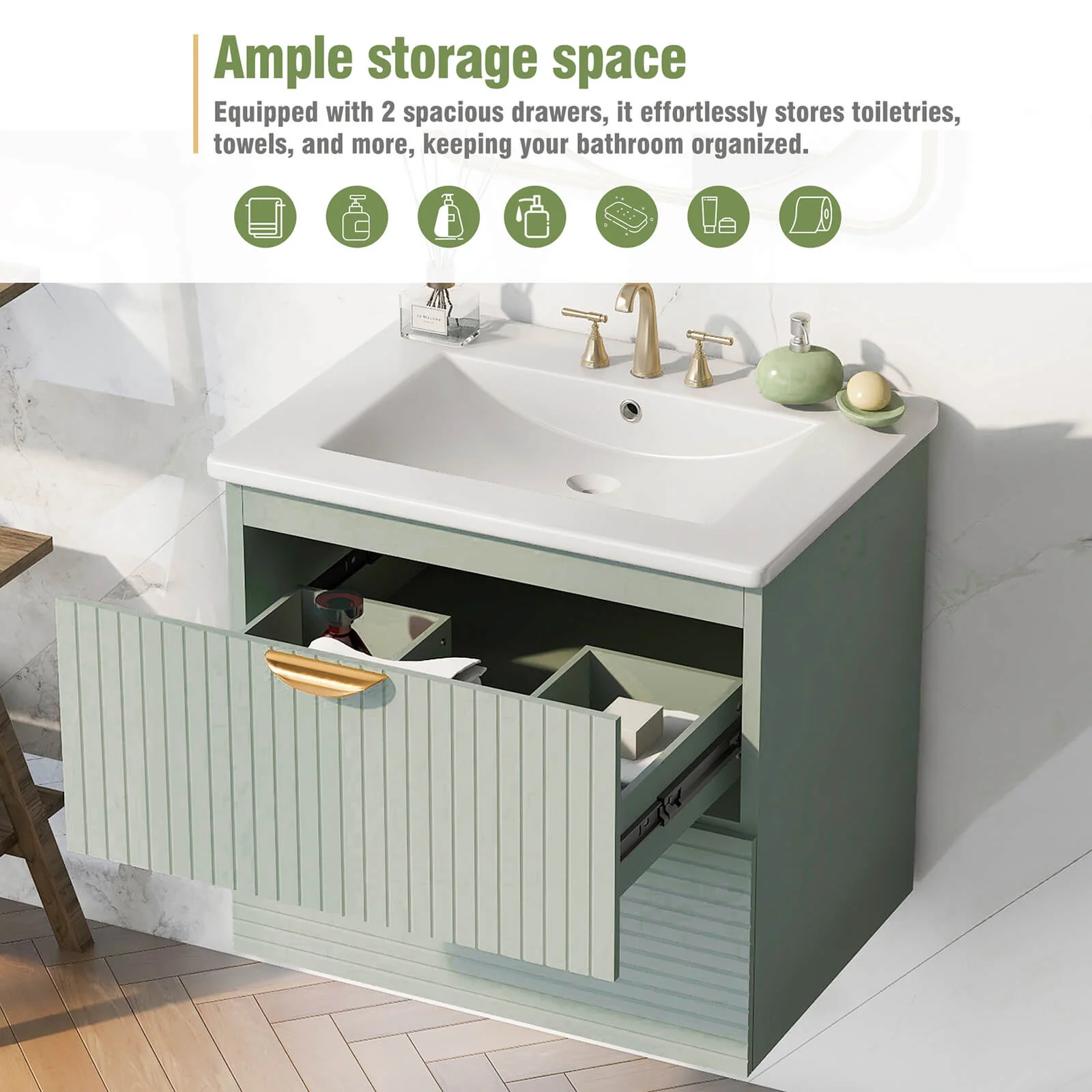 24" Sage Green Floating Bathroom Vanity with Sink - Image 5