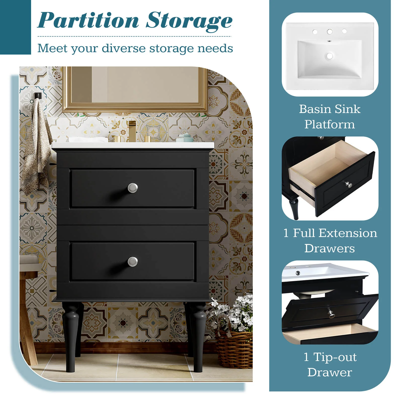 24" Shaker Solid Wood Bathroom Vanity - Image 3
