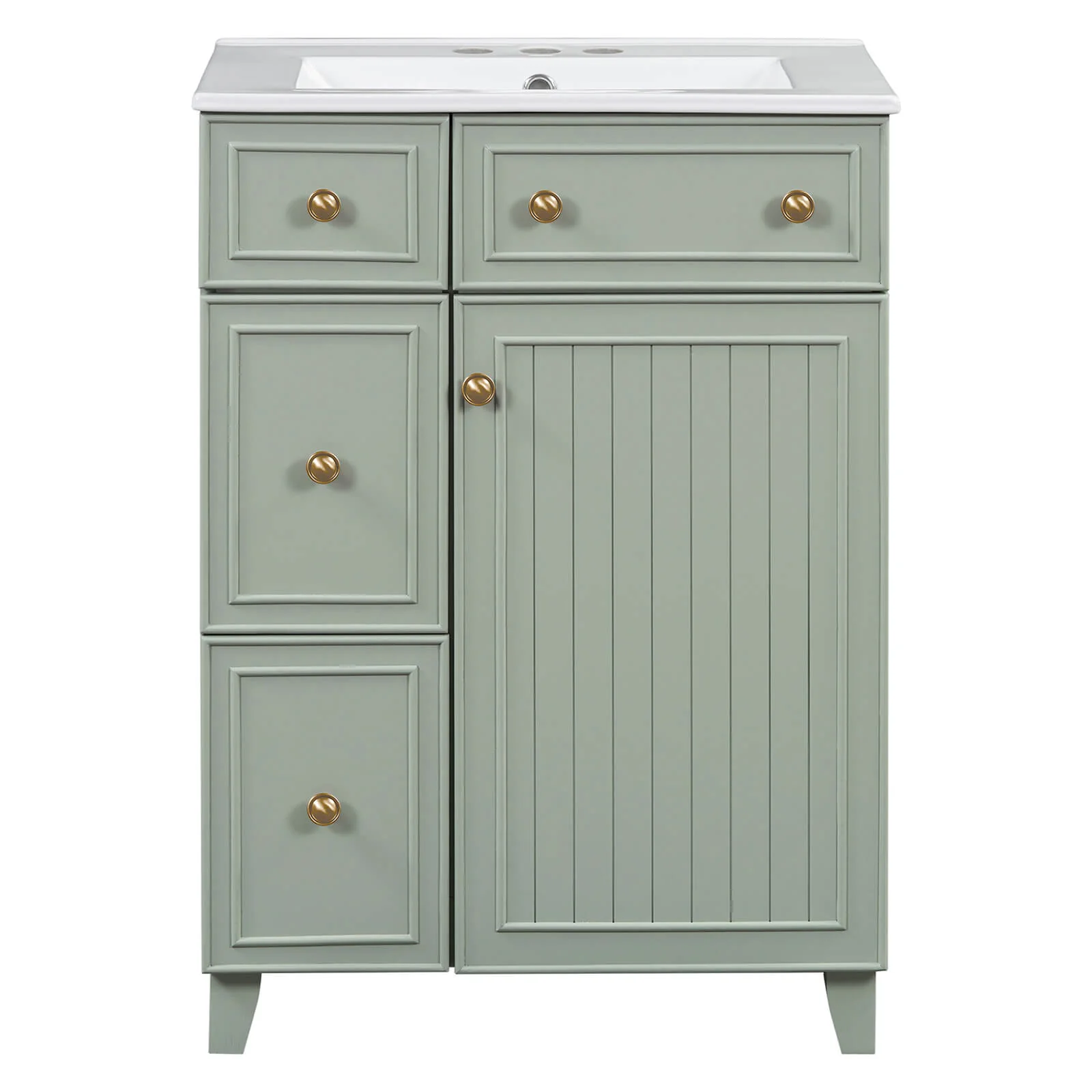 24" Small Size Light Gray-Green Freestanding Bathroom Vanity with Gold Hardware and Ceramic Sink - Image 11