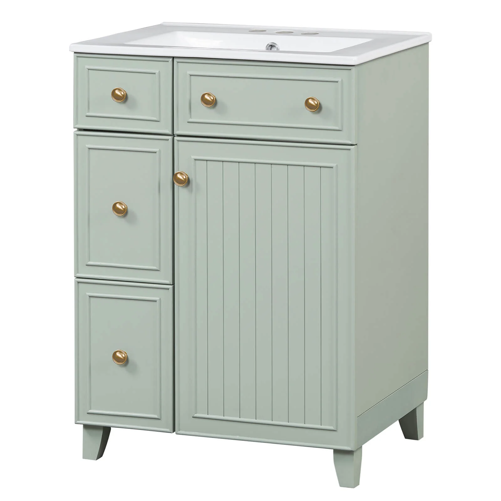 24" Small Size Light Gray-Green Freestanding Bathroom Vanity with Gold Hardware and Ceramic Sink - Image 12