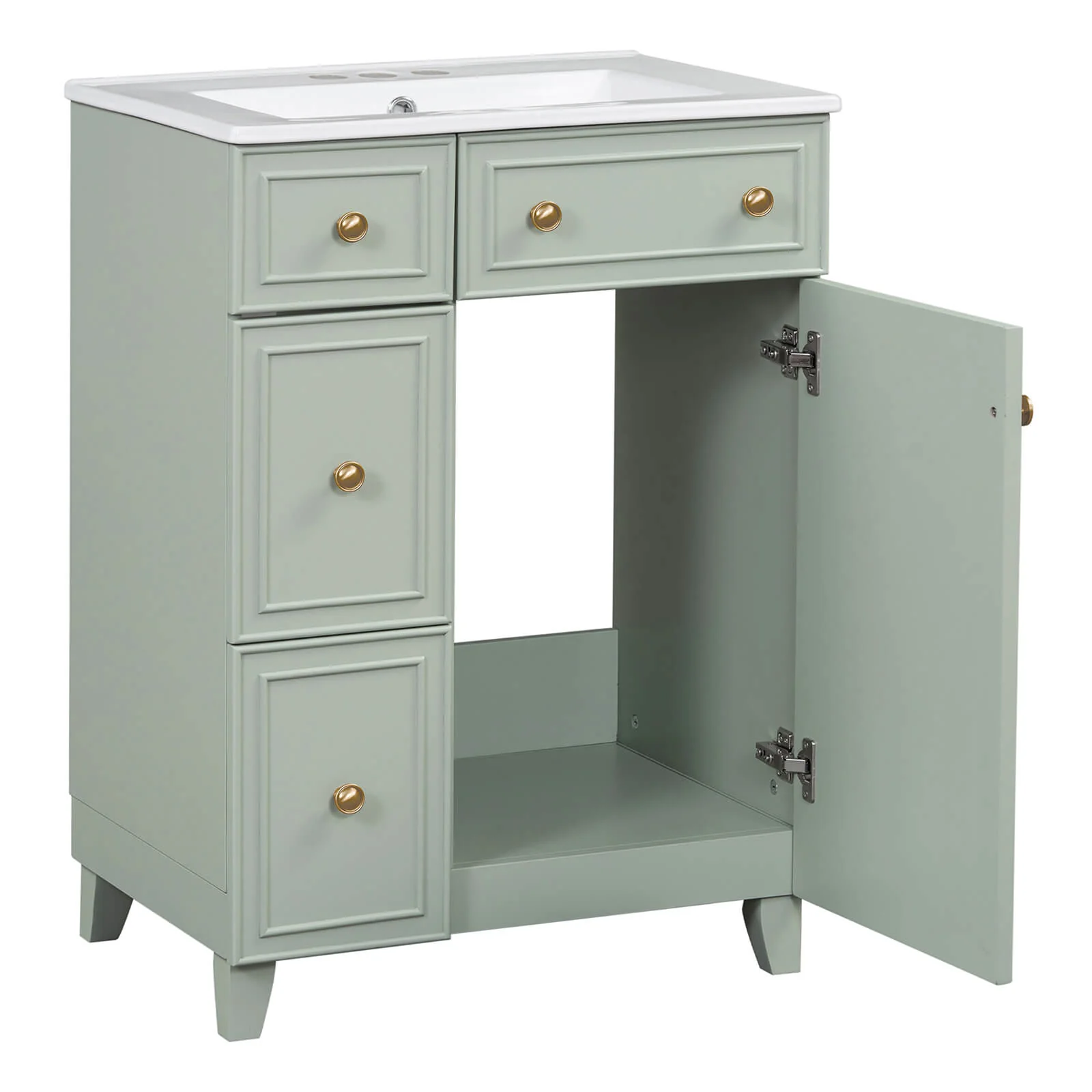 24" Small Size Light Gray-Green Freestanding Bathroom Vanity with Gold Hardware and Ceramic Sink - Image 13