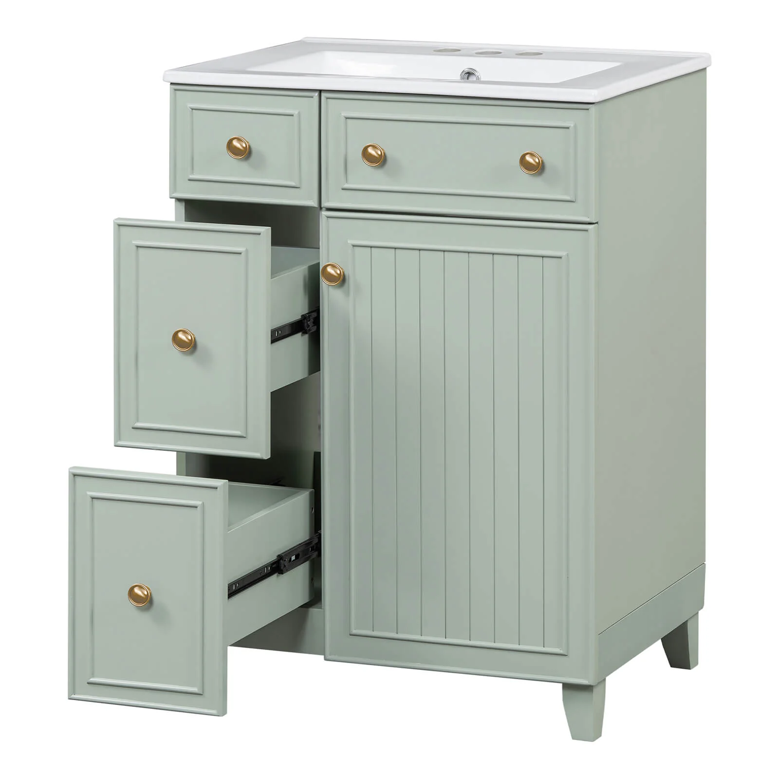 24" Small Size Light Gray-Green Freestanding Bathroom Vanity with Gold Hardware and Ceramic Sink - Image 14