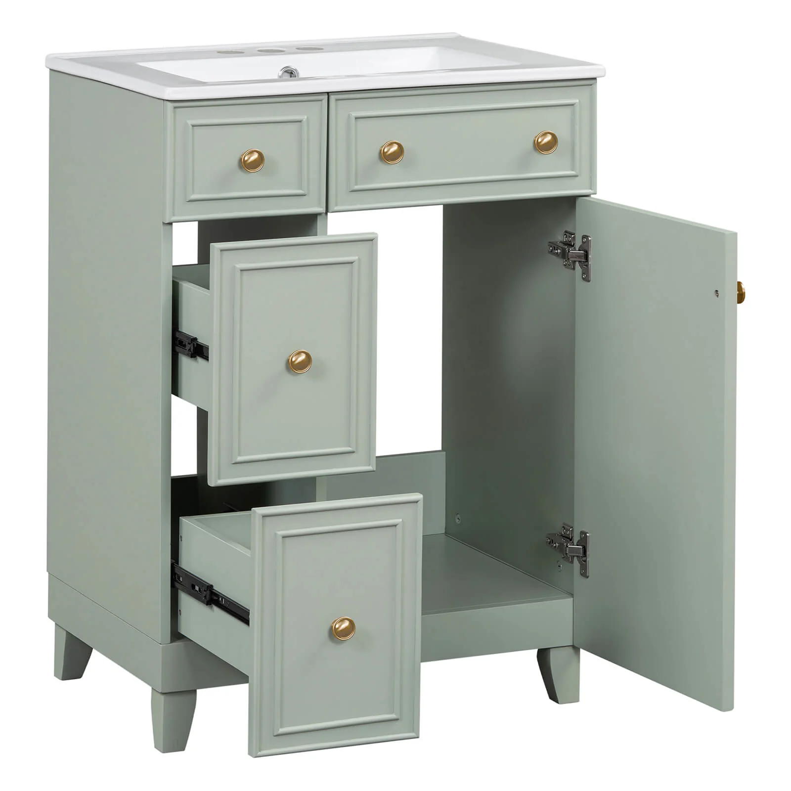 24" Small Size Light Gray-Green Freestanding Bathroom Vanity with Gold Hardware and Ceramic Sink - Image 15