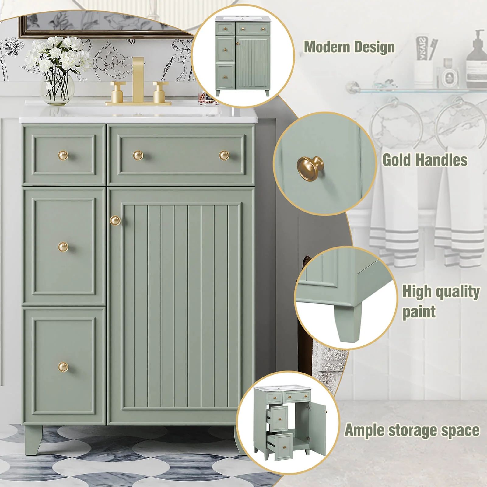 24" Small Size Light Gray-Green Freestanding Bathroom Vanity with Gold Hardware and Ceramic Sink - Image 4