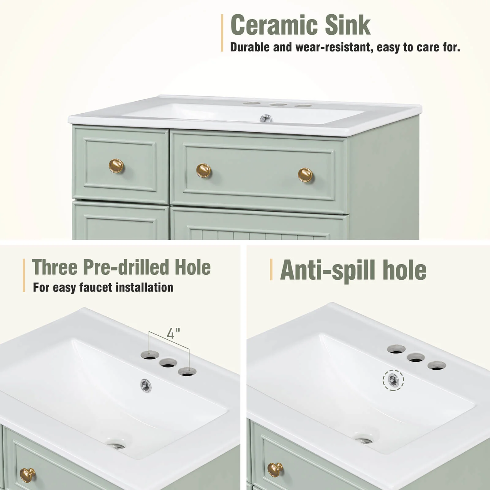 24" Small Size Light Gray-Green Freestanding Bathroom Vanity with Gold Hardware and Ceramic Sink - Image 5
