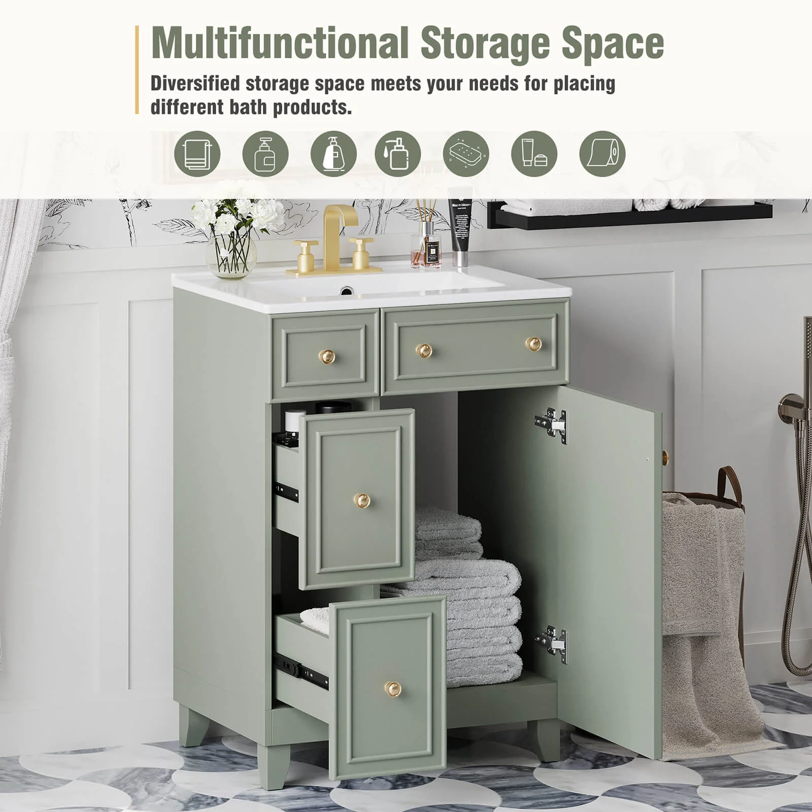 24" Small Size Light Gray-Green Freestanding Bathroom Vanity with Gold Hardware and Ceramic Sink - Image 6