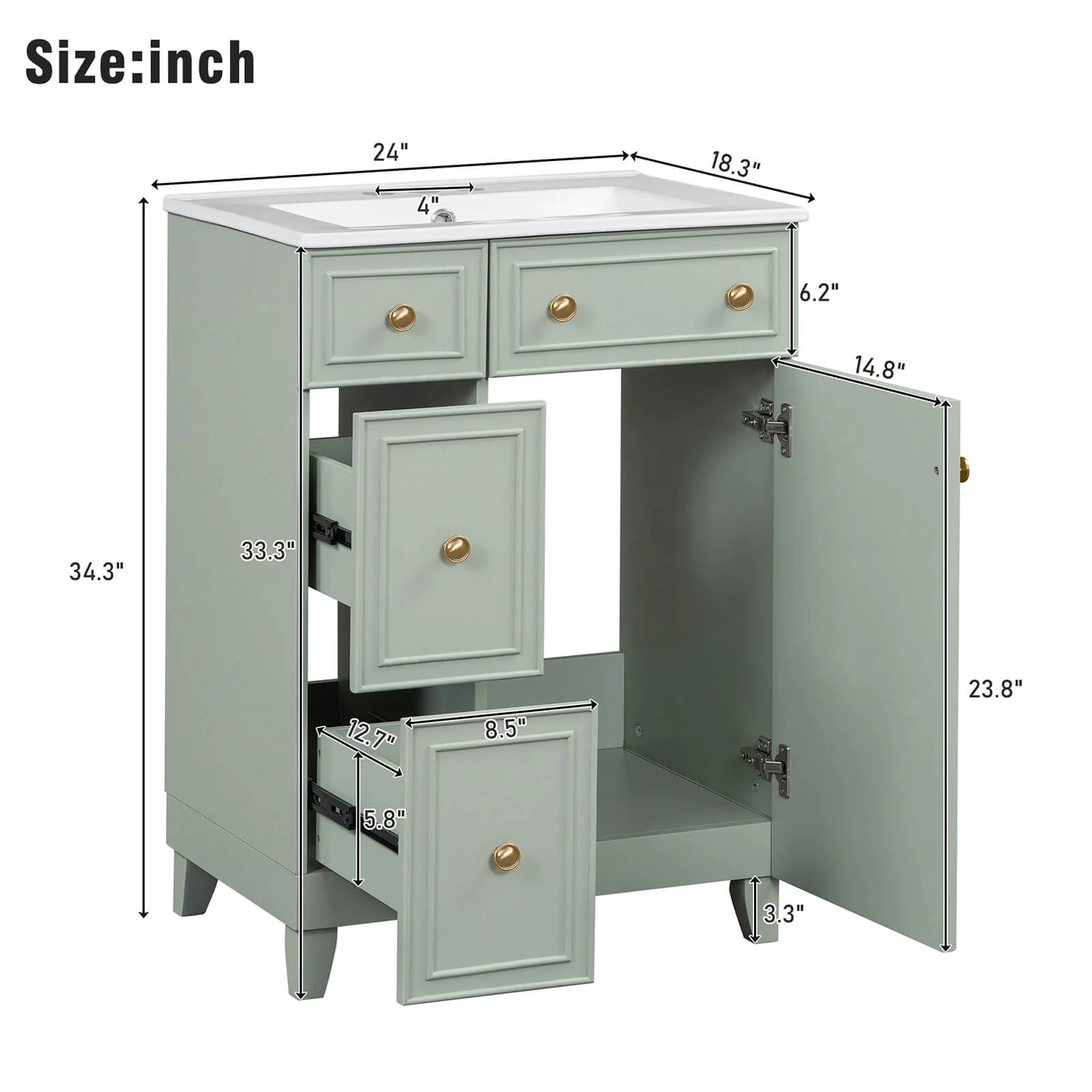 24" Small Size Light Gray-Green Freestanding Bathroom Vanity with Gold Hardware and Ceramic Sink - Image 8