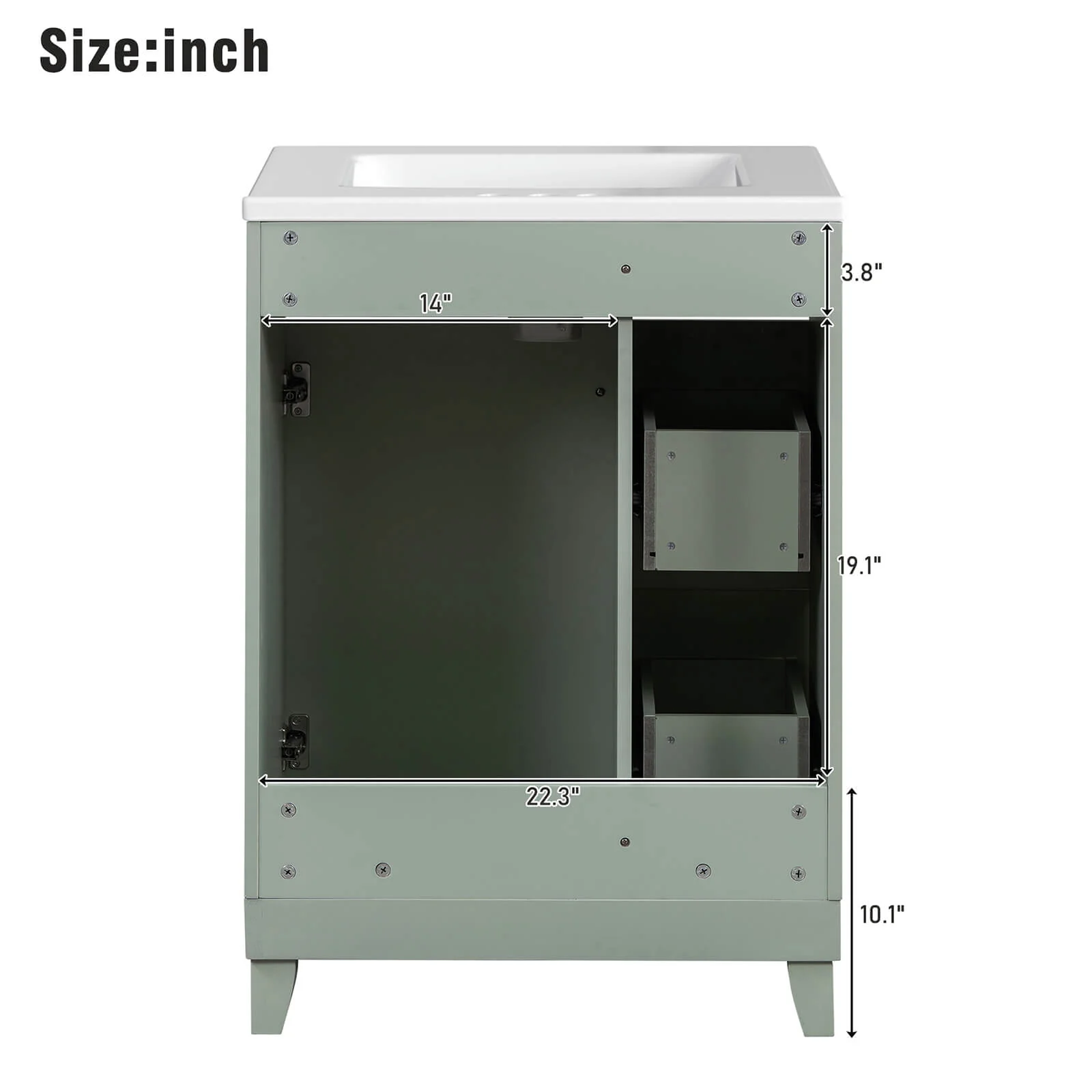 24" Small Size Light Gray-Green Freestanding Bathroom Vanity with Gold Hardware and Ceramic Sink - Image 9