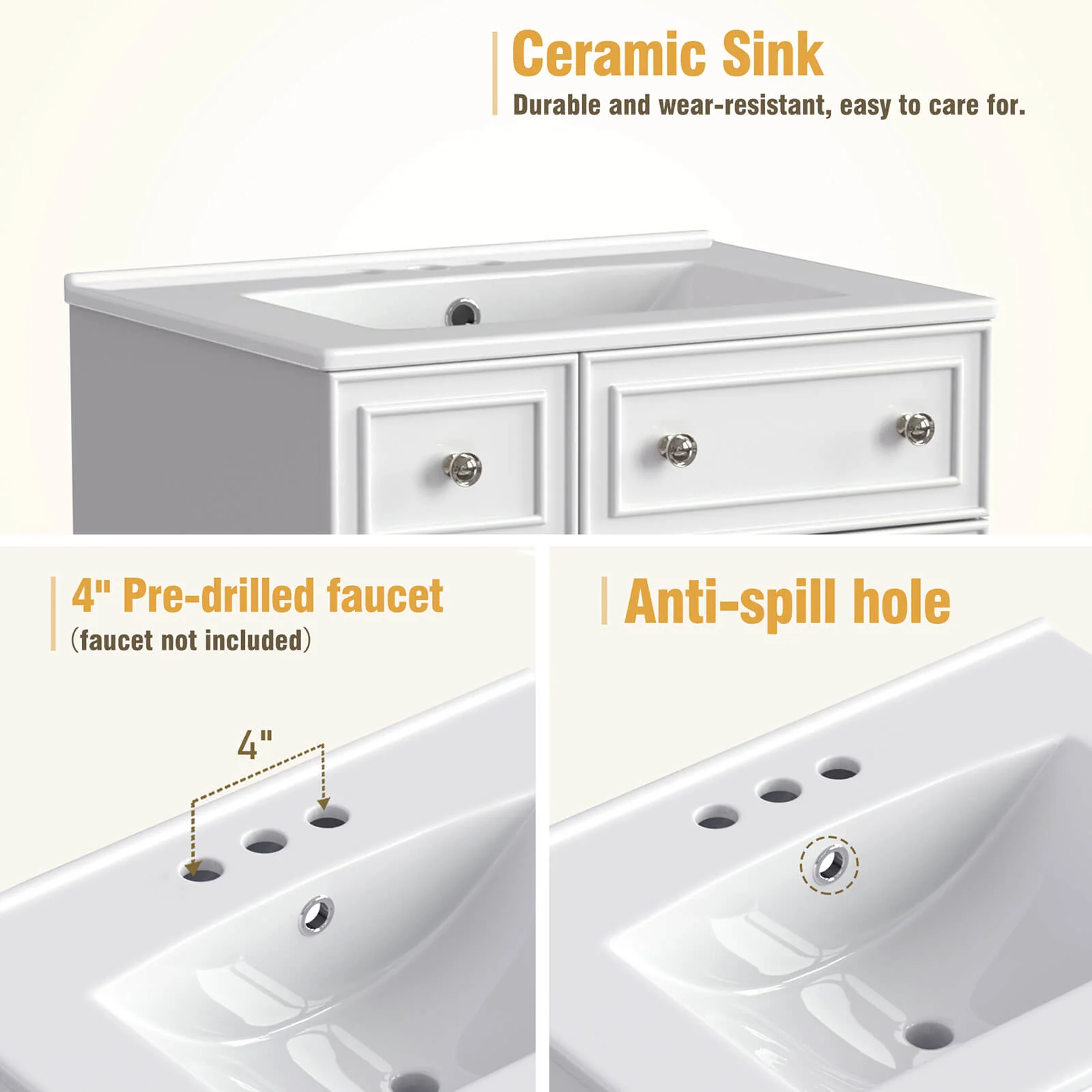 24" Small White Bathroom Vanity with 2 Drawers - Image 6