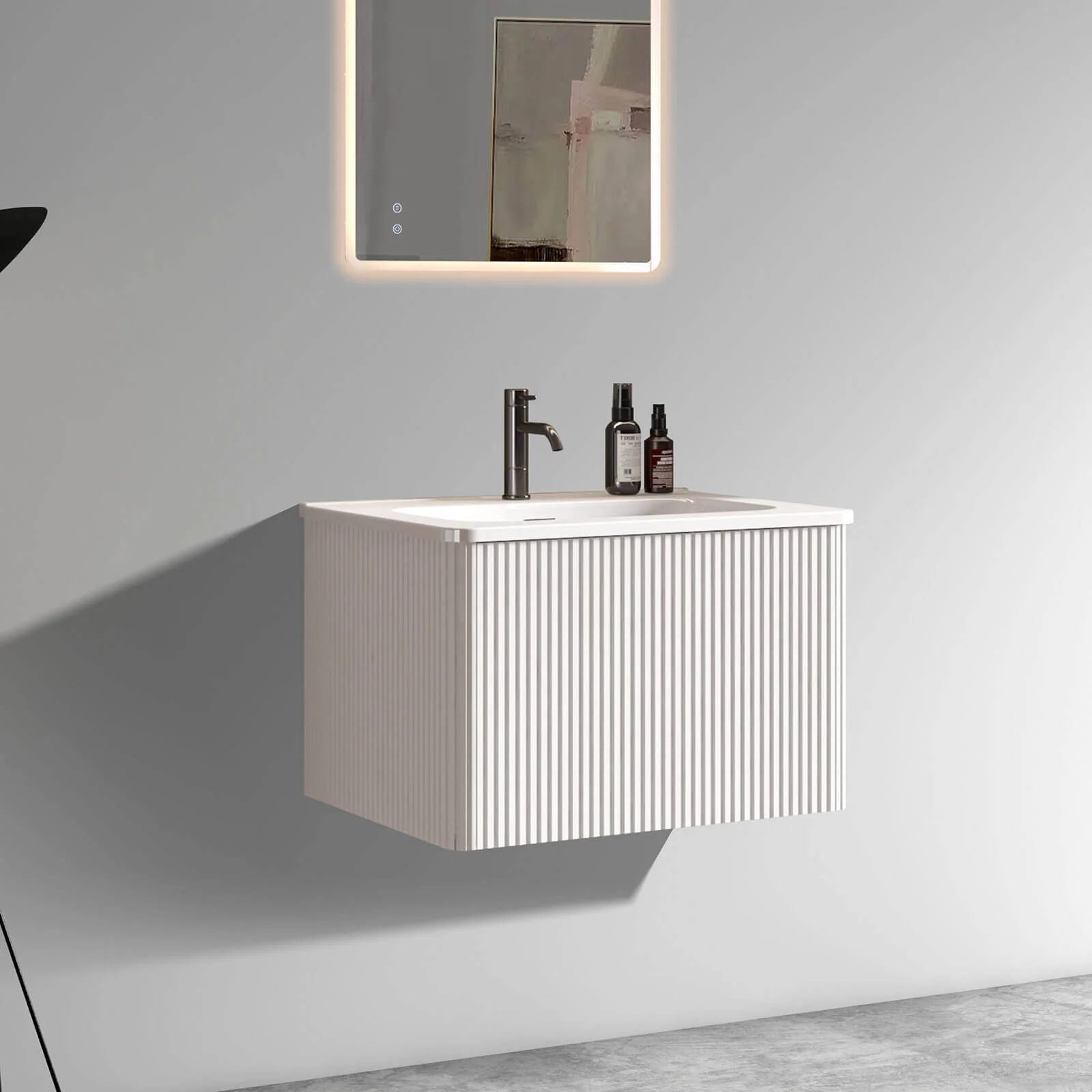 24" Striped White Bathroom Vanity with Ceramic Sink - Image 3