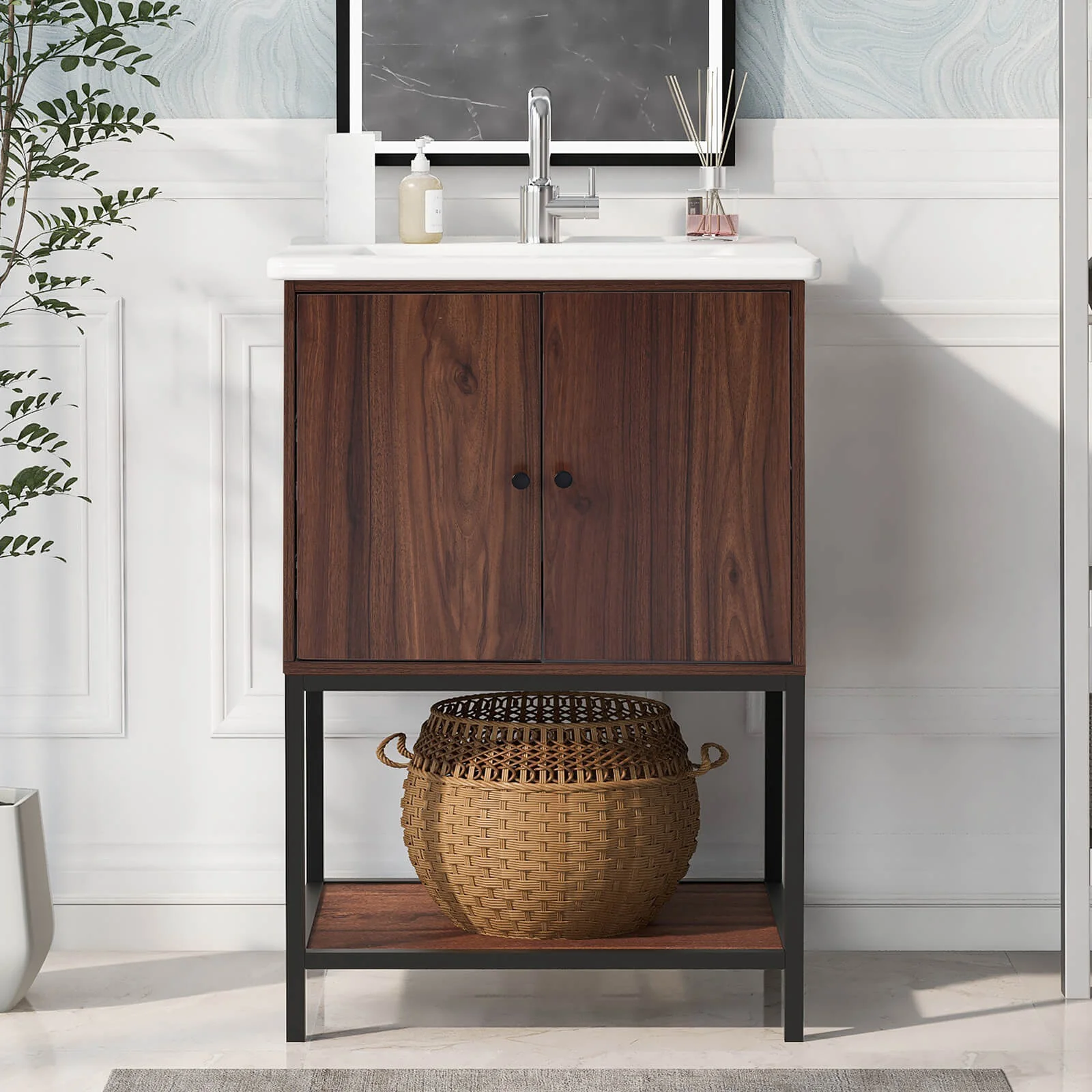 24'' Walnut Freestanding Bathroom Vanity with Open Shelf