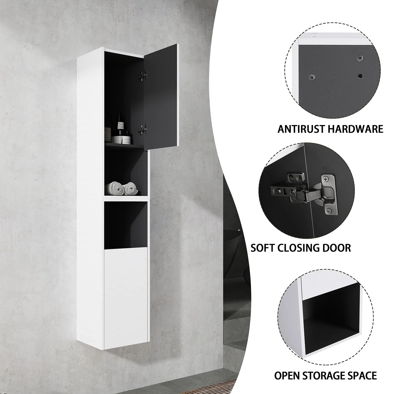 24" White Bathroom Wall Cabinet with Soft Close Doors and Open Shelves - Image 8