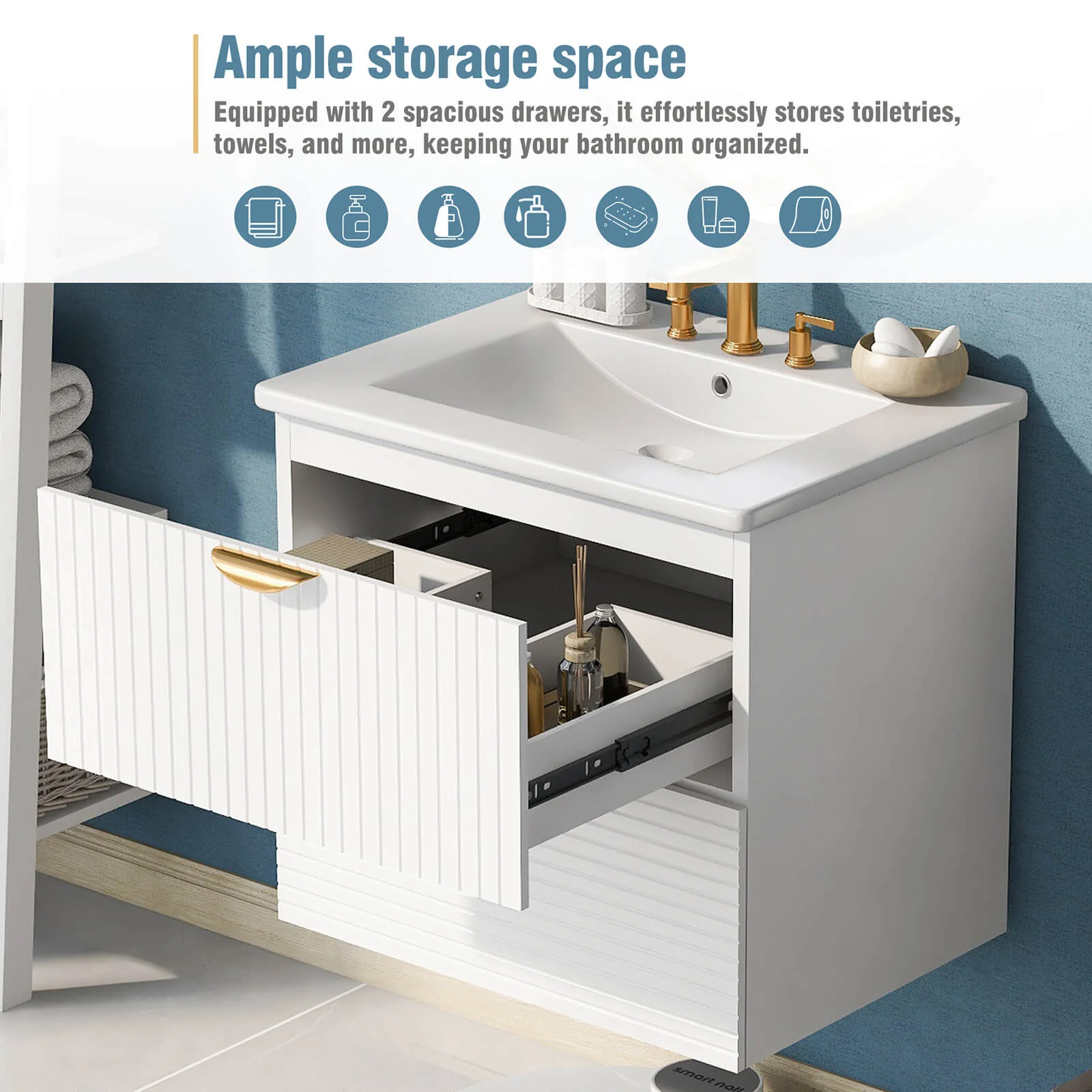 24" White Floating Bathroom Vanity with Sink - Image 7