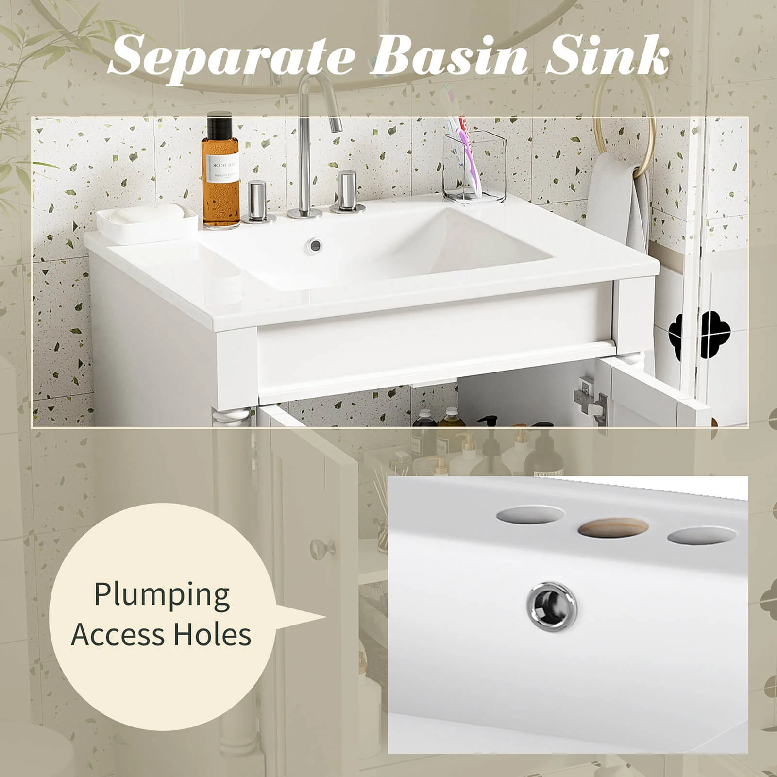 24" White Mid-Century Modern Style Bathroom Vanity - Image 3