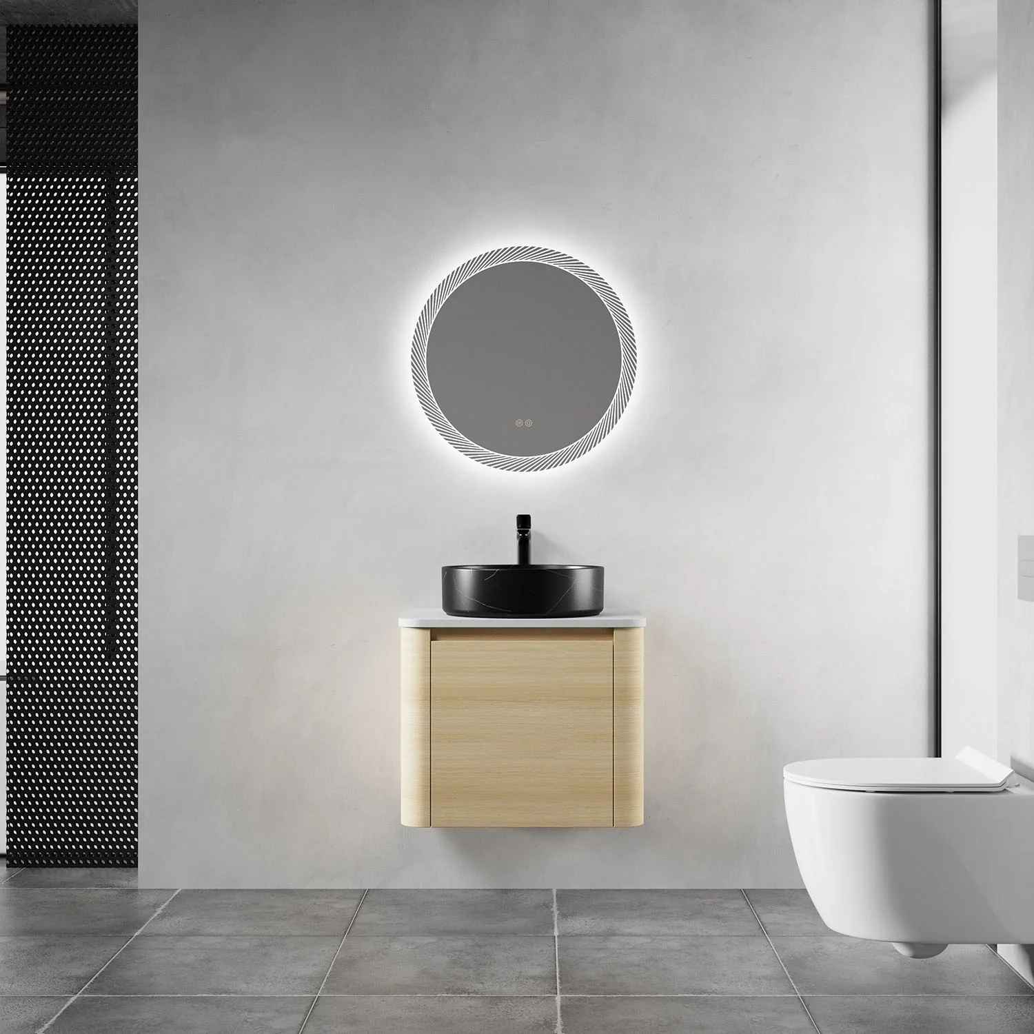 24" White Oak Bathroom Vanity with Black Marble Texture Ceramic Vessel Sink