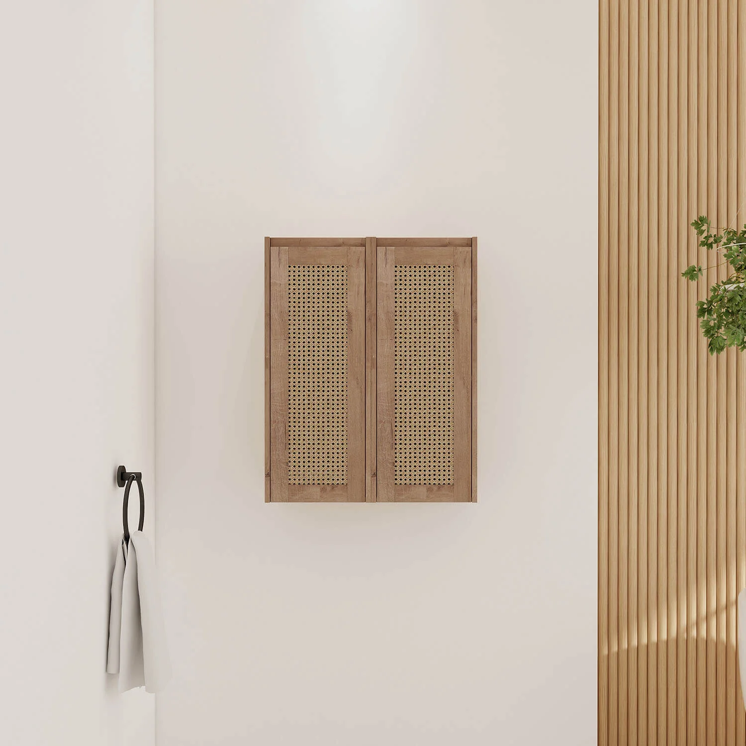 24" White Oak Bathroom Wall Cabinet with Rattan Door and Shelves
