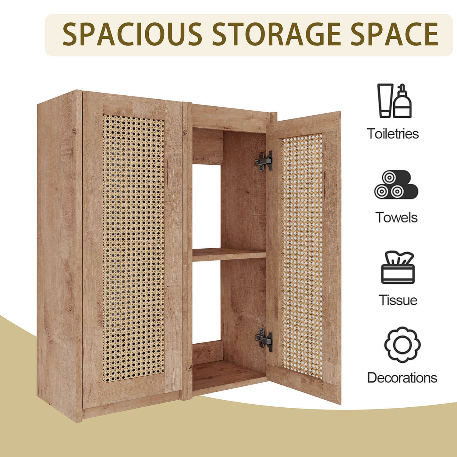 24" White Oak Bathroom Wall Cabinet with Rattan Door and Shelves - Image 10