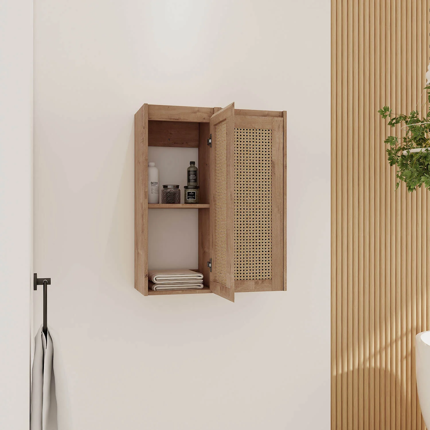 24" White Oak Bathroom Wall Cabinet with Rattan Door and Shelves - Image 2