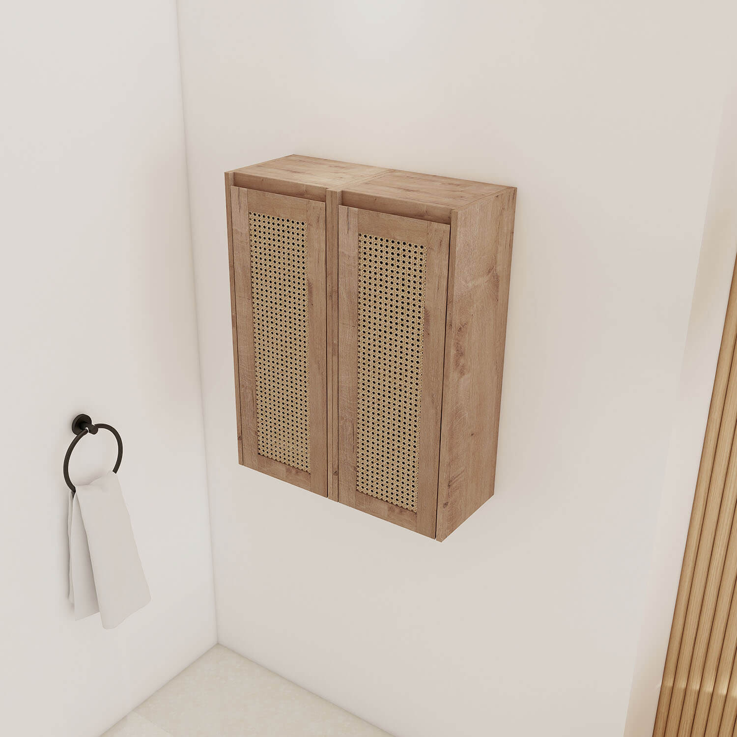 24" White Oak Bathroom Wall Cabinet with Rattan Door and Shelves - Image 3