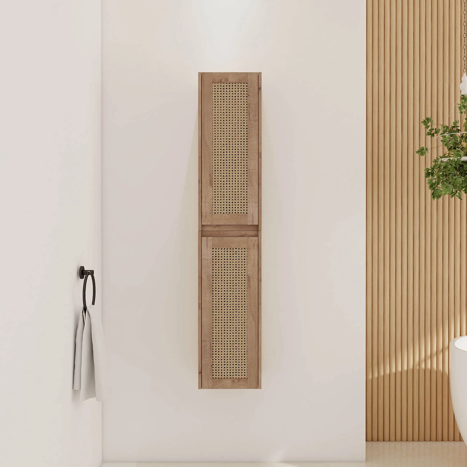 24" White Oak Bathroom Wall Cabinet with Rattan Door and Shelves - Image 5