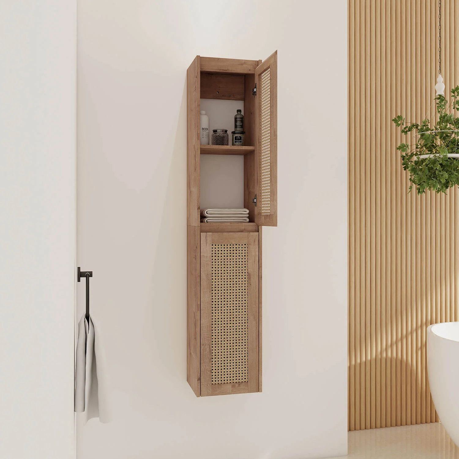24" White Oak Bathroom Wall Cabinet with Rattan Door and Shelves - Image 6