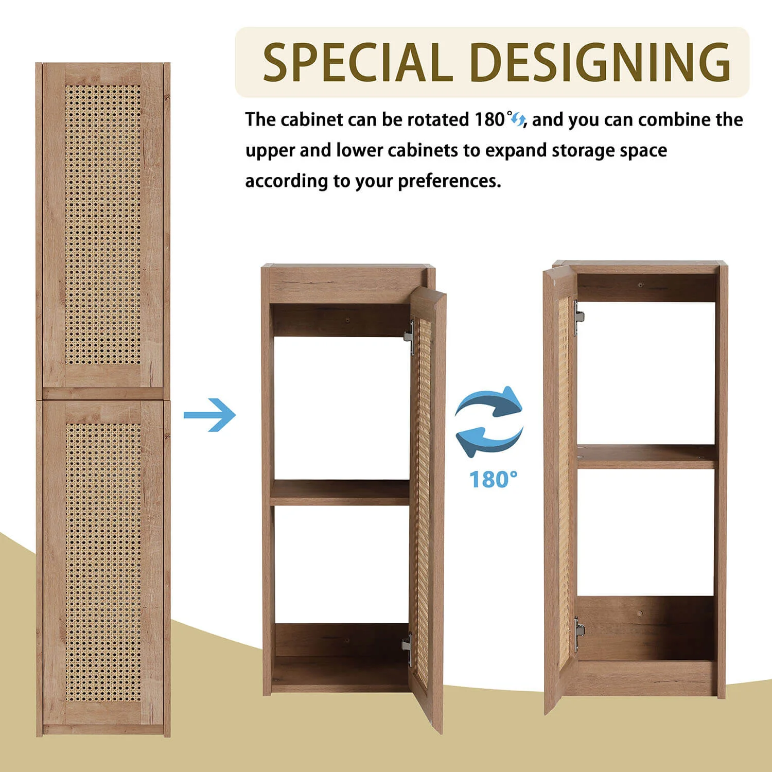 24" White Oak Bathroom Wall Cabinet with Rattan Door and Shelves - Image 8