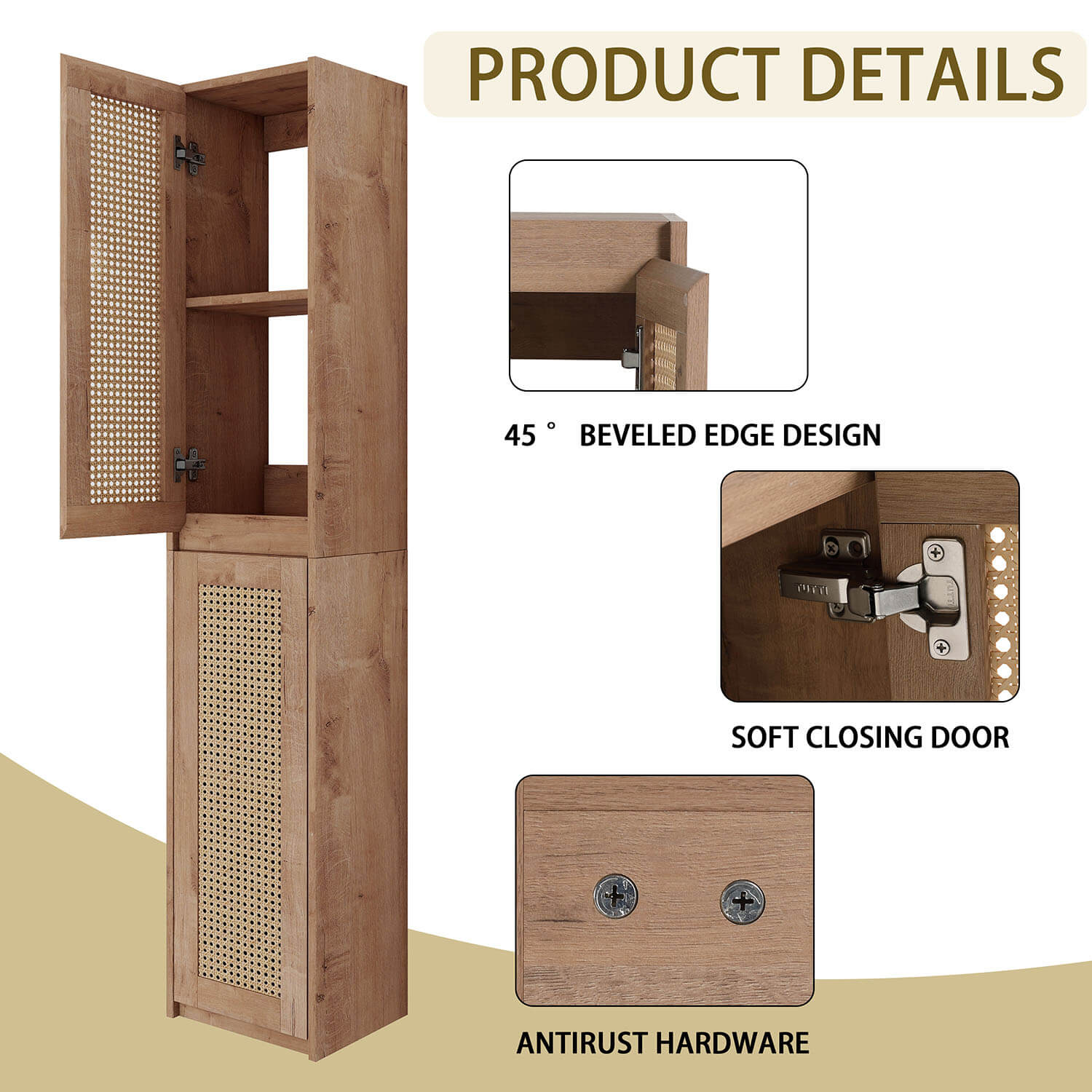 24" White Oak Bathroom Wall Cabinet with Rattan Door and Shelves - Image 9