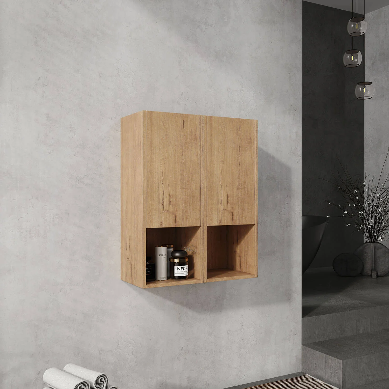 24" White Oak Bathroom Wall Cabinet with Soft Close Doors and Open Shelves - Image 2