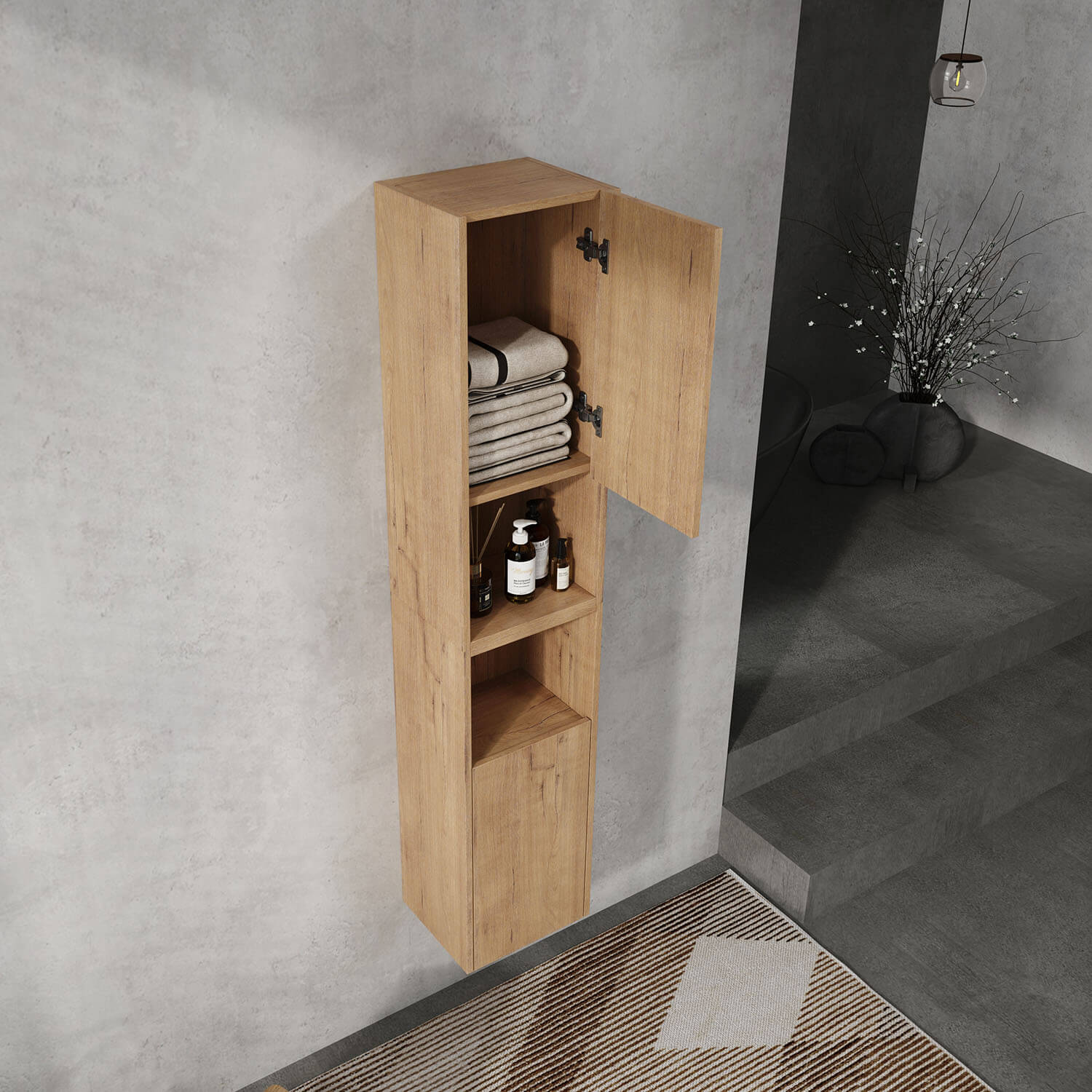 24" White Oak Bathroom Wall Cabinet with Soft Close Doors and Open Shelves - Image 5