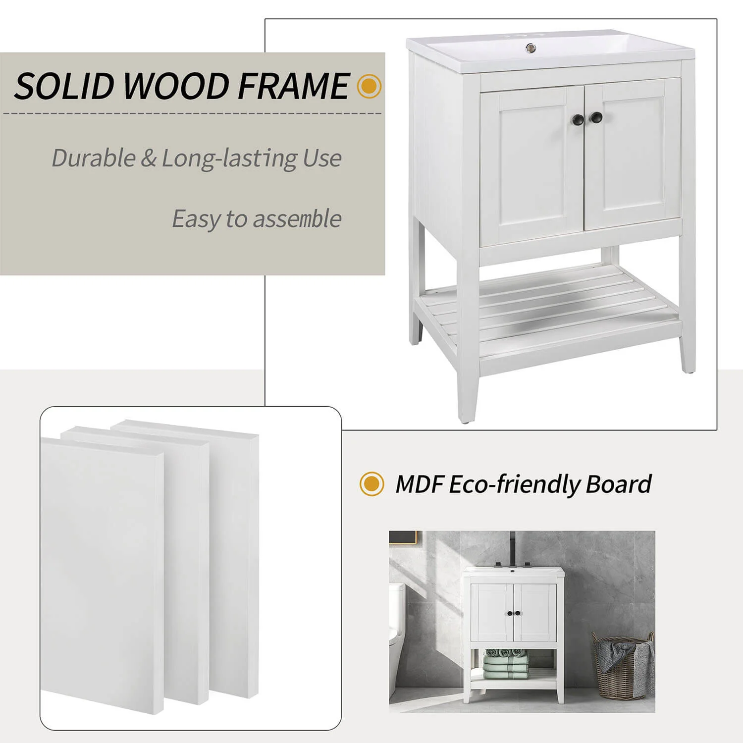 24" Modern Freestanding Bathroom Vanity with Open Style Shelf, Including Ceramic Sink - Image 3
