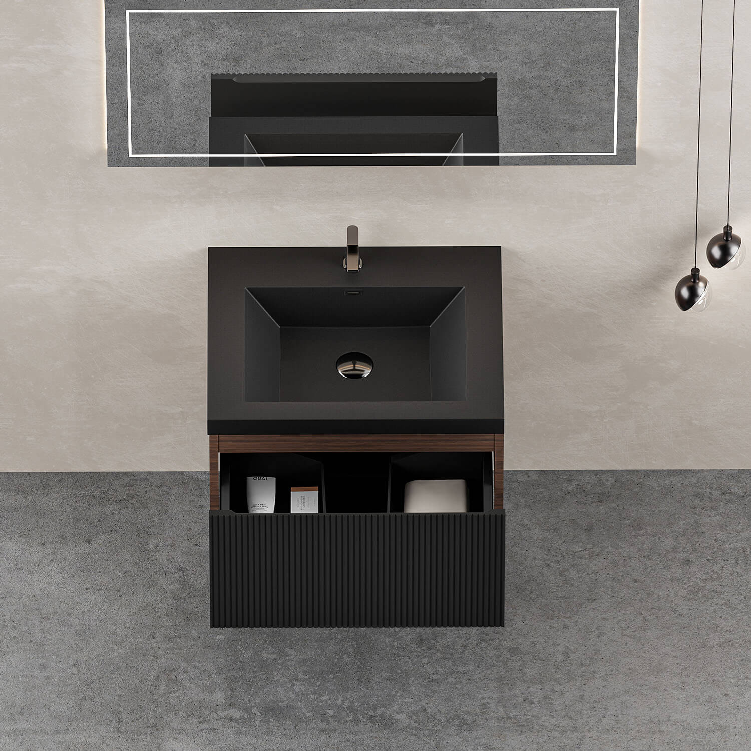 24" Walnut & Black Fluted Design Floating Vanity with Single-Hole Quartz Sand Sink - Image 4