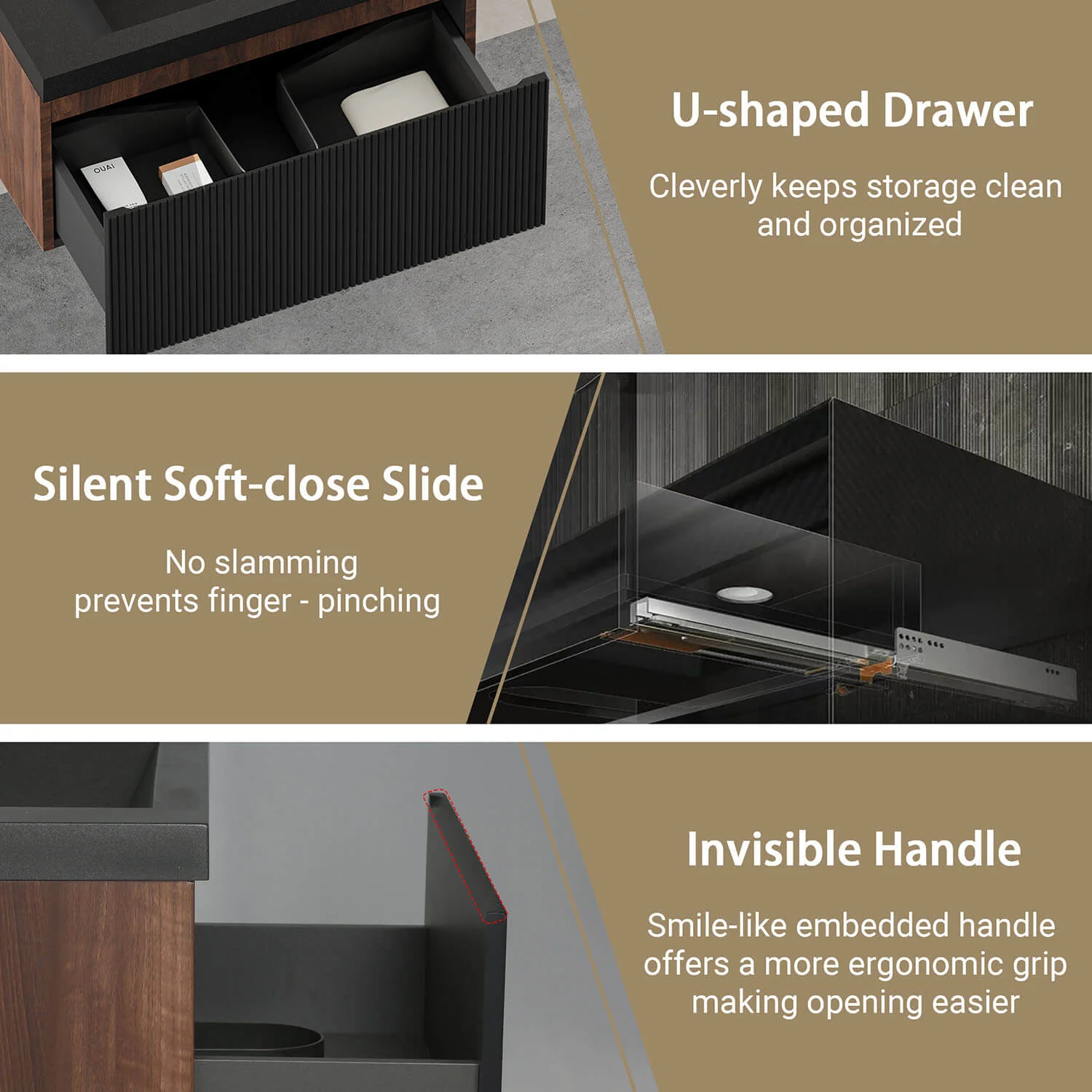 24" Walnut & Black Fluted Design Floating Vanity with Single-Hole Quartz Sand Sink - Image 7