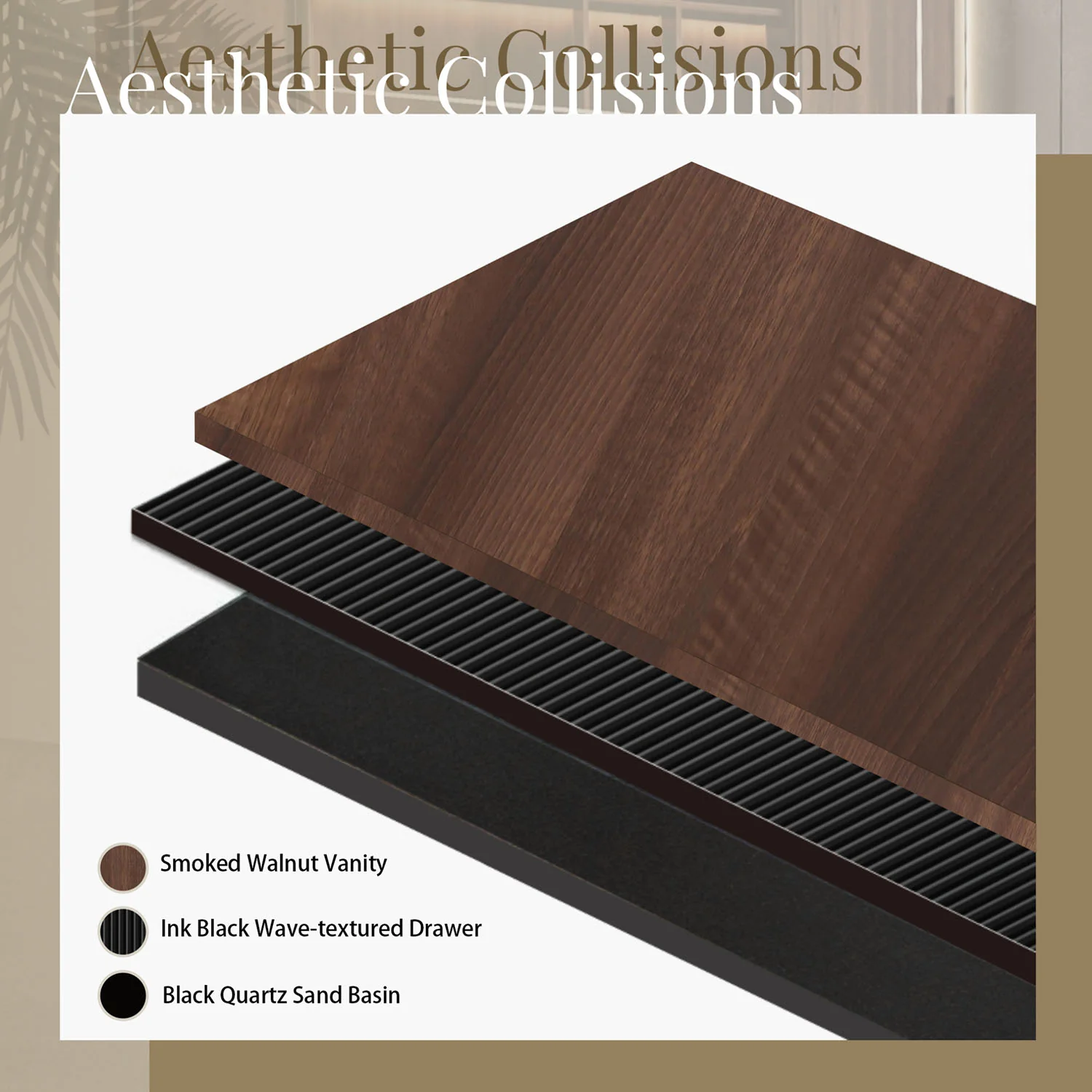 24" Walnut & Black Fluted Design Floating Vanity with Single-Hole Quartz Sand Sink - Image 9