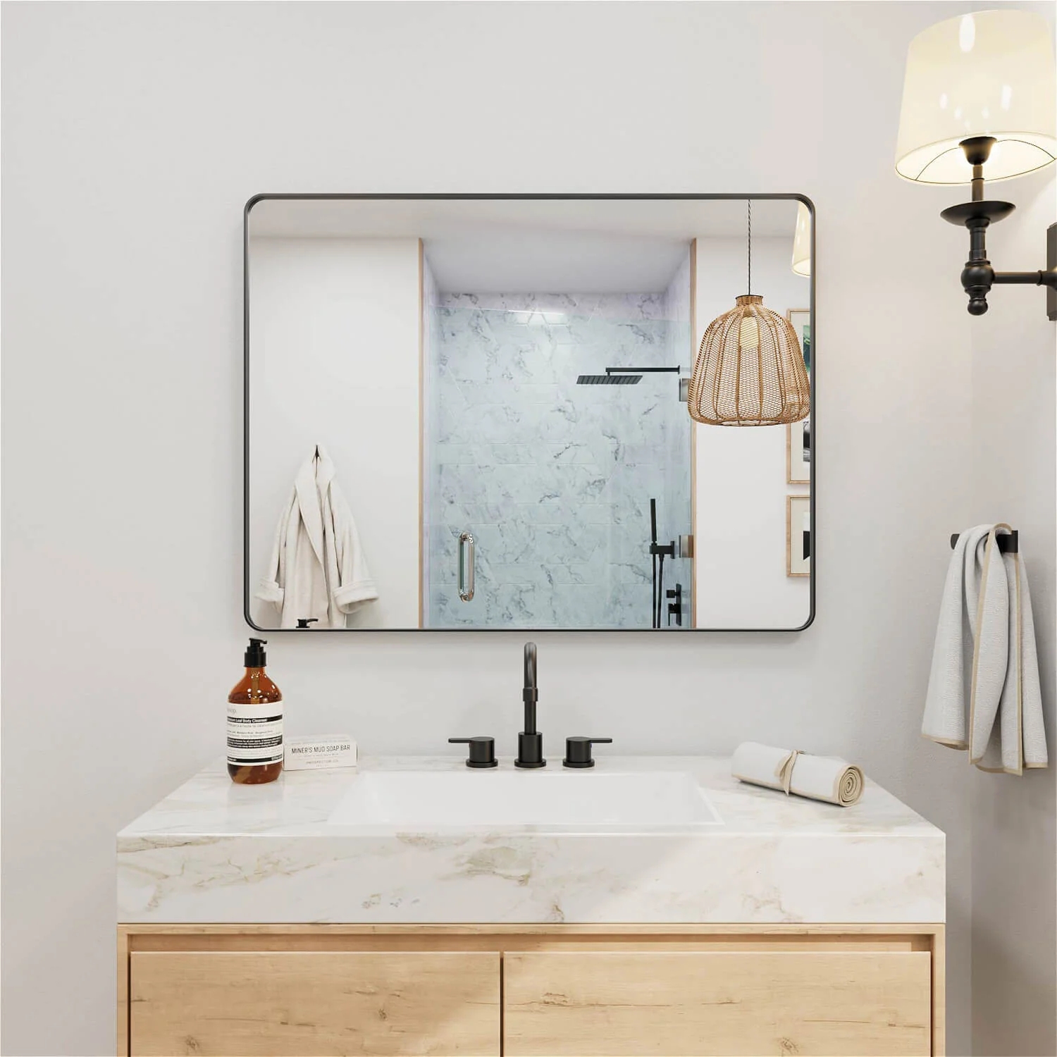 28"x36" Black Framed Mirror with Tempered Glass, Horizontal or Vertical