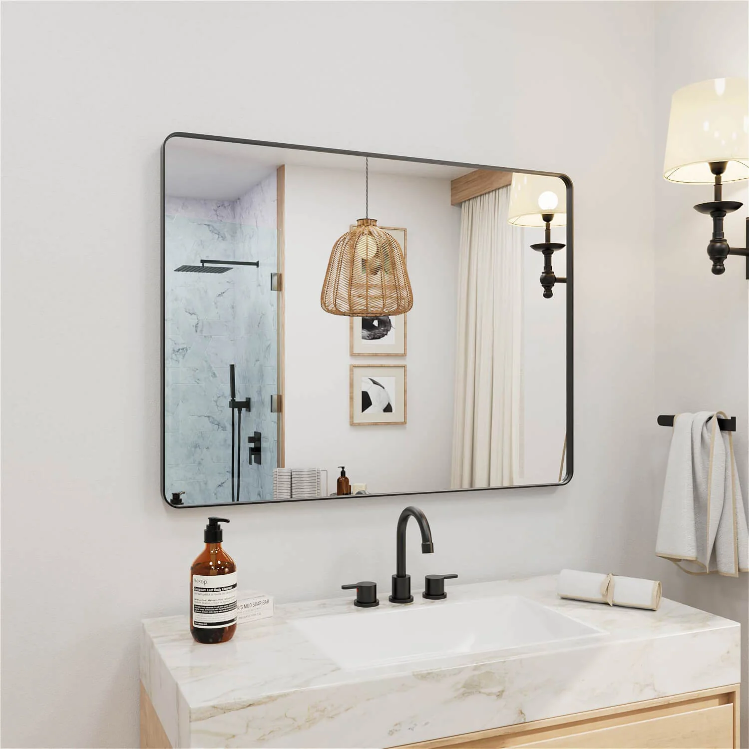 28"x36" Black Framed Mirror with Tempered Glass, Horizontal or Vertical - Image 2