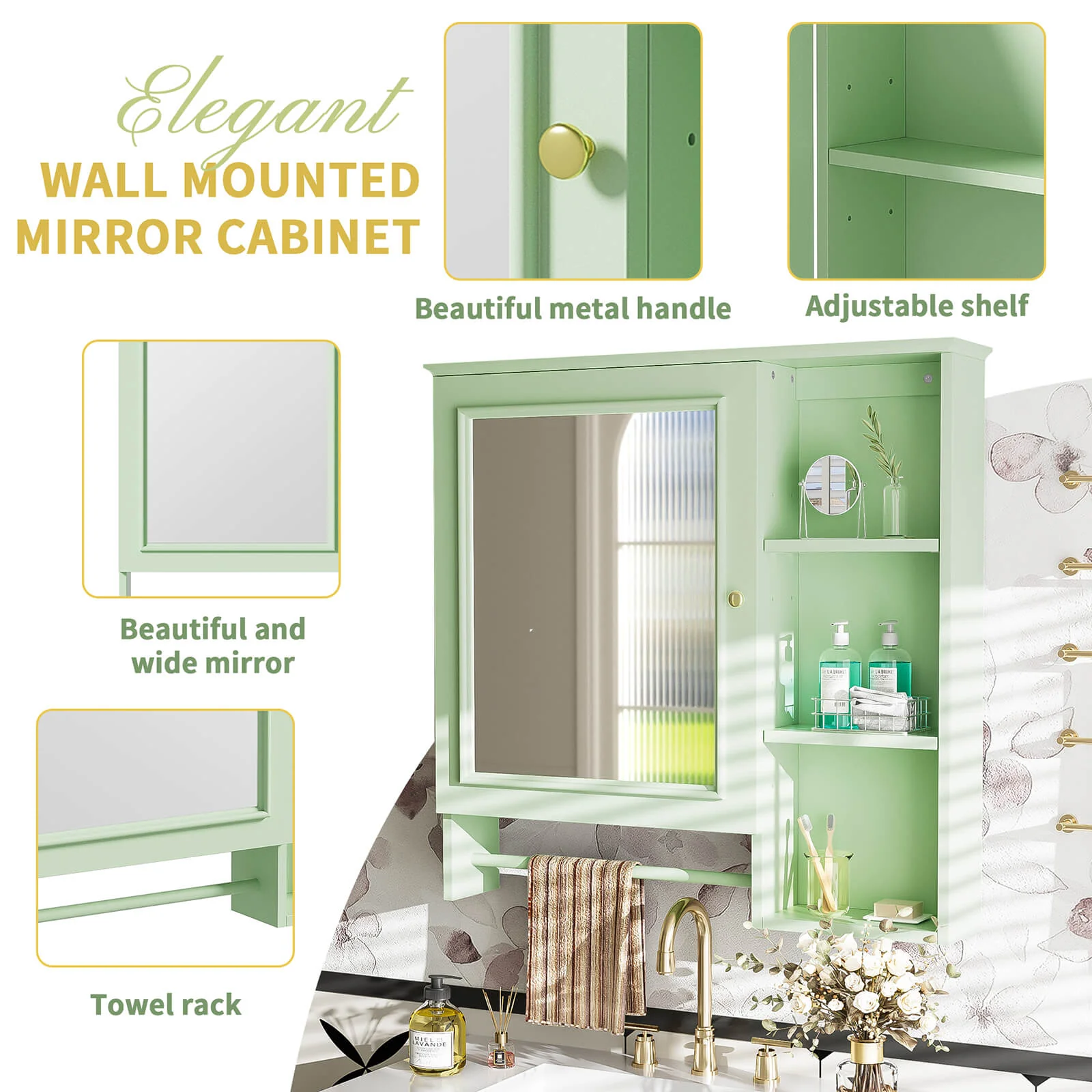 29"x28" Green Medicine Cabinet with Open Shelf & Mirror Doors - Image 4