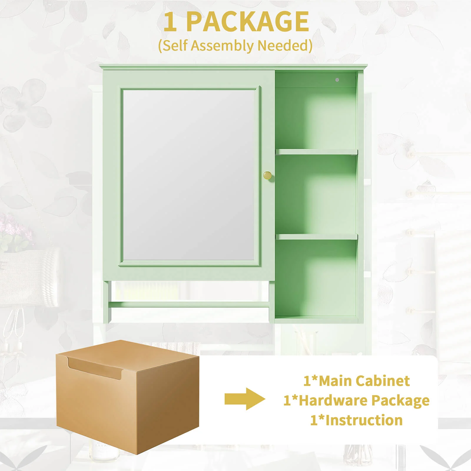 29"x28" Green Medicine Cabinet with Open Shelf & Mirror Doors - Image 6